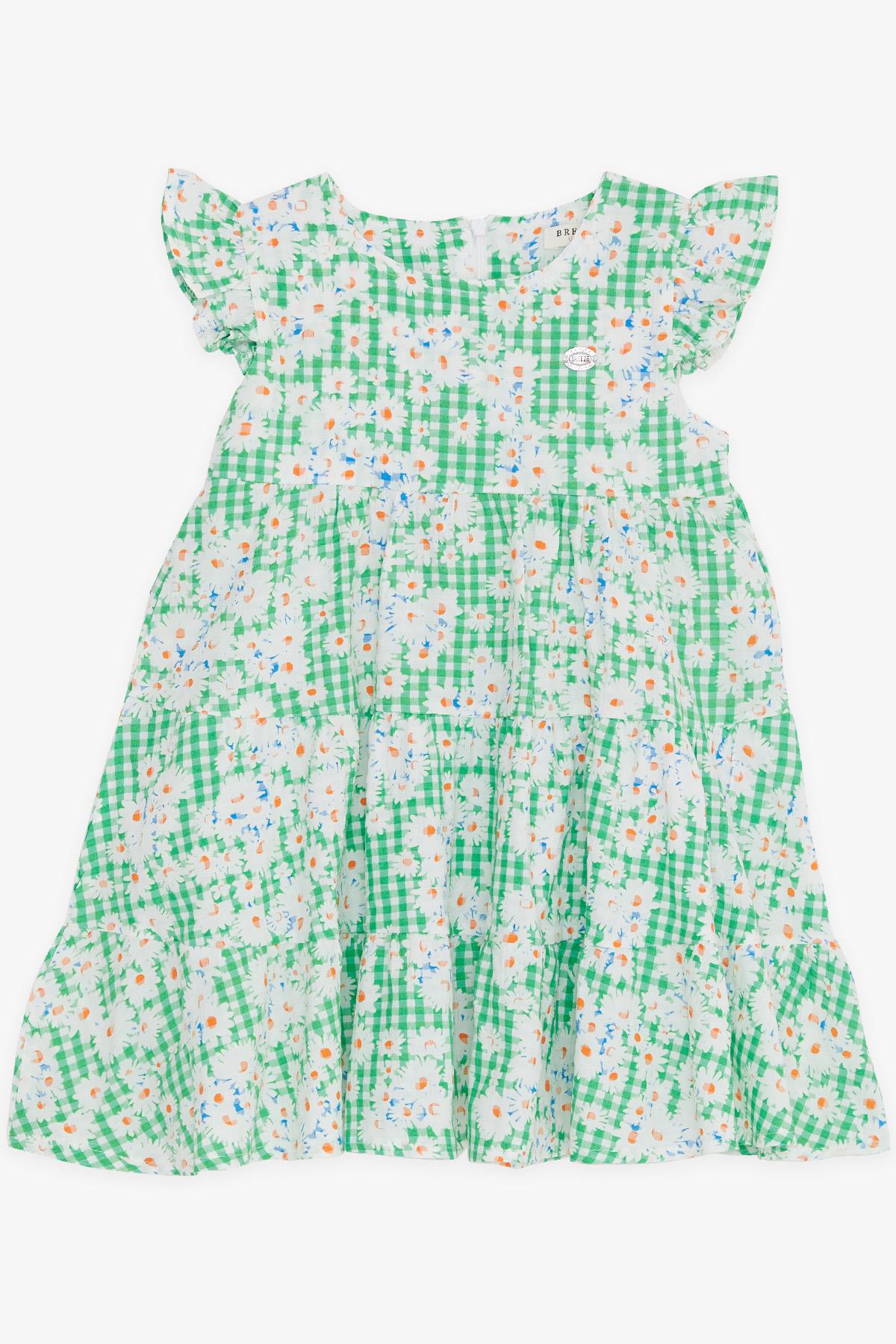 Breeze Kız Çocuk Elbise Çiçekli Kolları Fırfırlı Yeşil (1.5-5 Yaş)