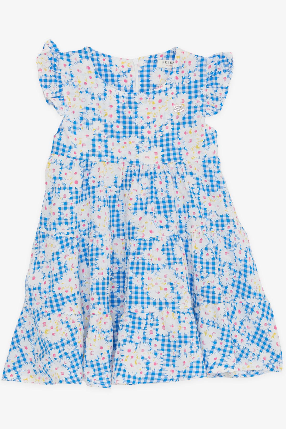 Kız Çocuk Elbise Çiçekli Kolları Fırfırlı Mavi 1.5-5 Yaş - Yazlık Elbiseler  | Breeze