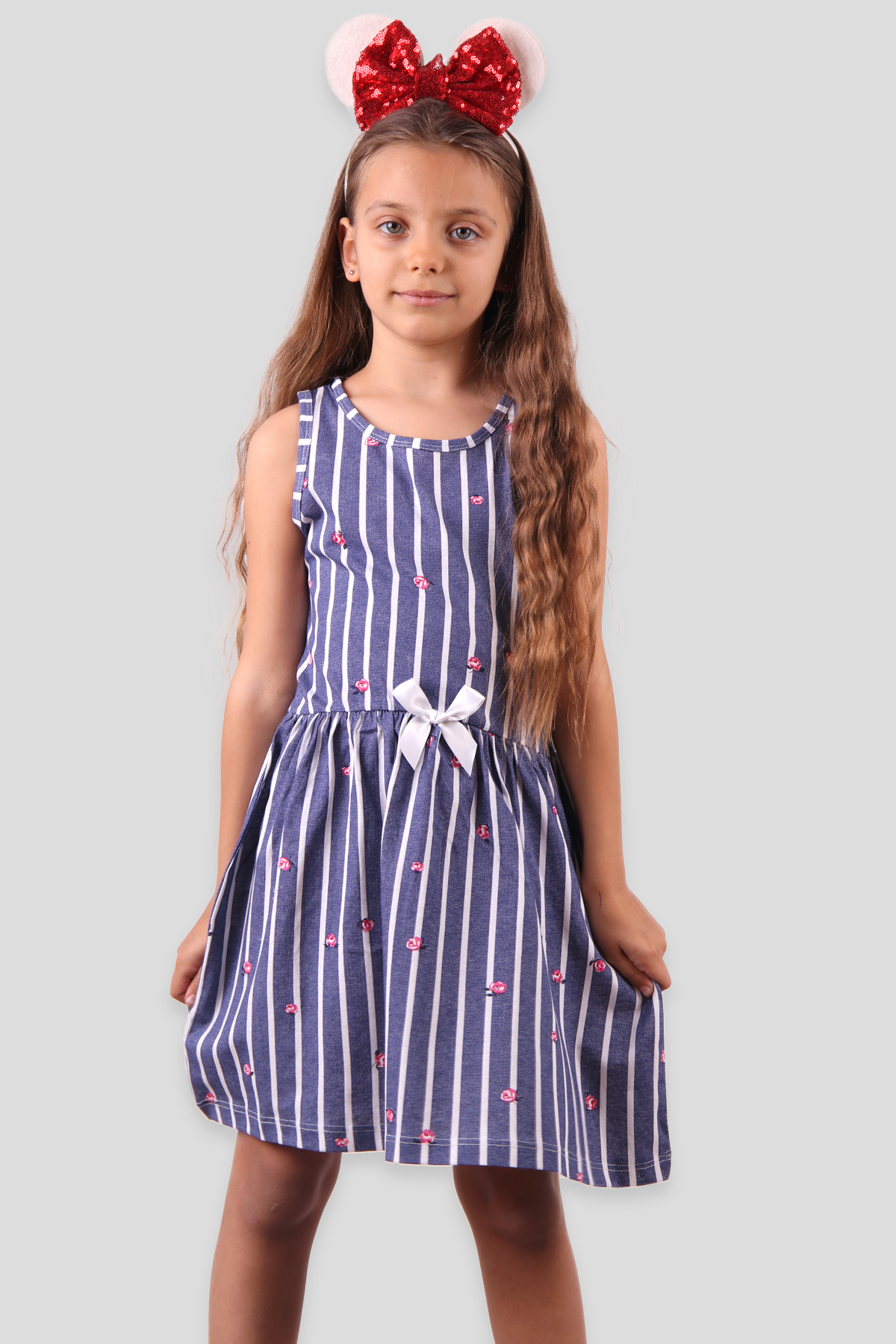 Breeze Kız Çocuk Elbise Çizgili Gül Baskılı Fiyonklu Lacivert (6-10 Yaş)