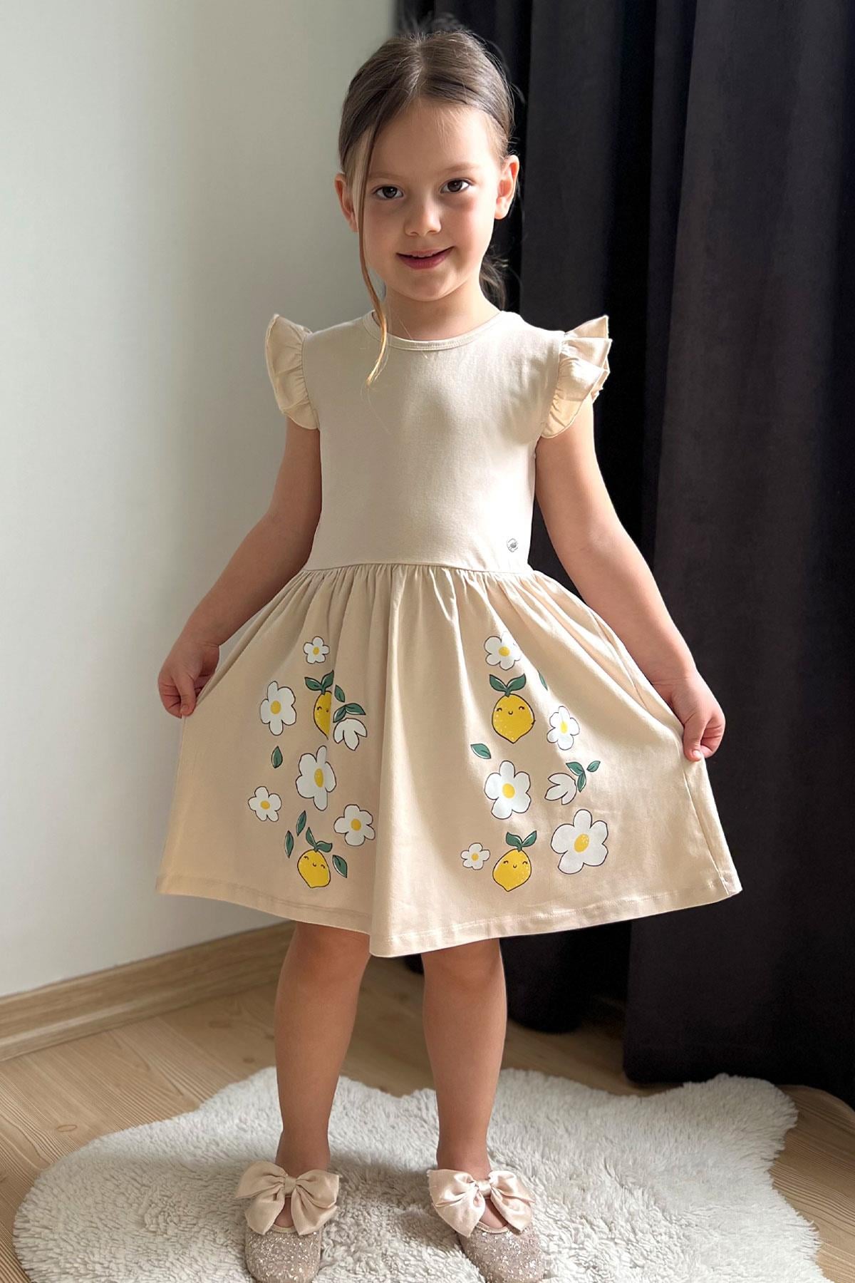 Breeze Kız Çocuk Elbise Etek Kısmı Limon & Çiçek Baskılı Bej (2-6 Yaş)