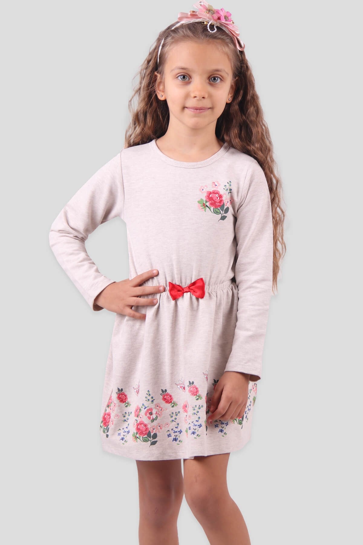 Breeze Kız Çocuk Elbise Fiyonklu Bej (2-6 Yaş)