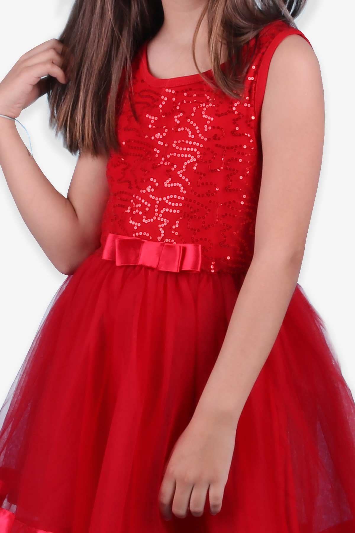 Kız Çocuk Elbise Fiyonklu Tüllü Pullu Kırmızı 5-10 Yaş - Breeze