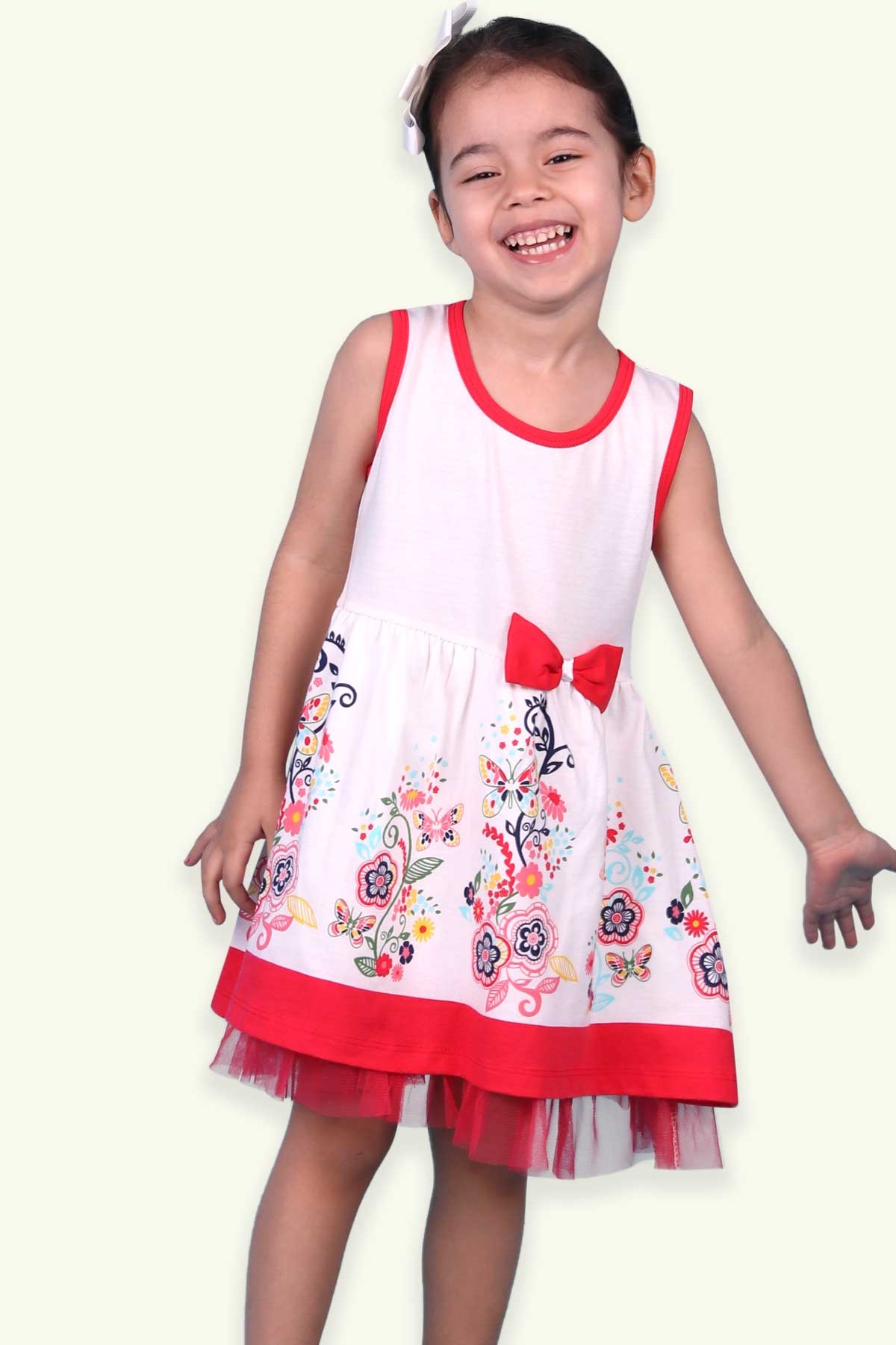 Breeze Kız Çocuk Elbise Fiyonklu Tüllü Çiçek Desenli Ekru (2-4 Yaş)