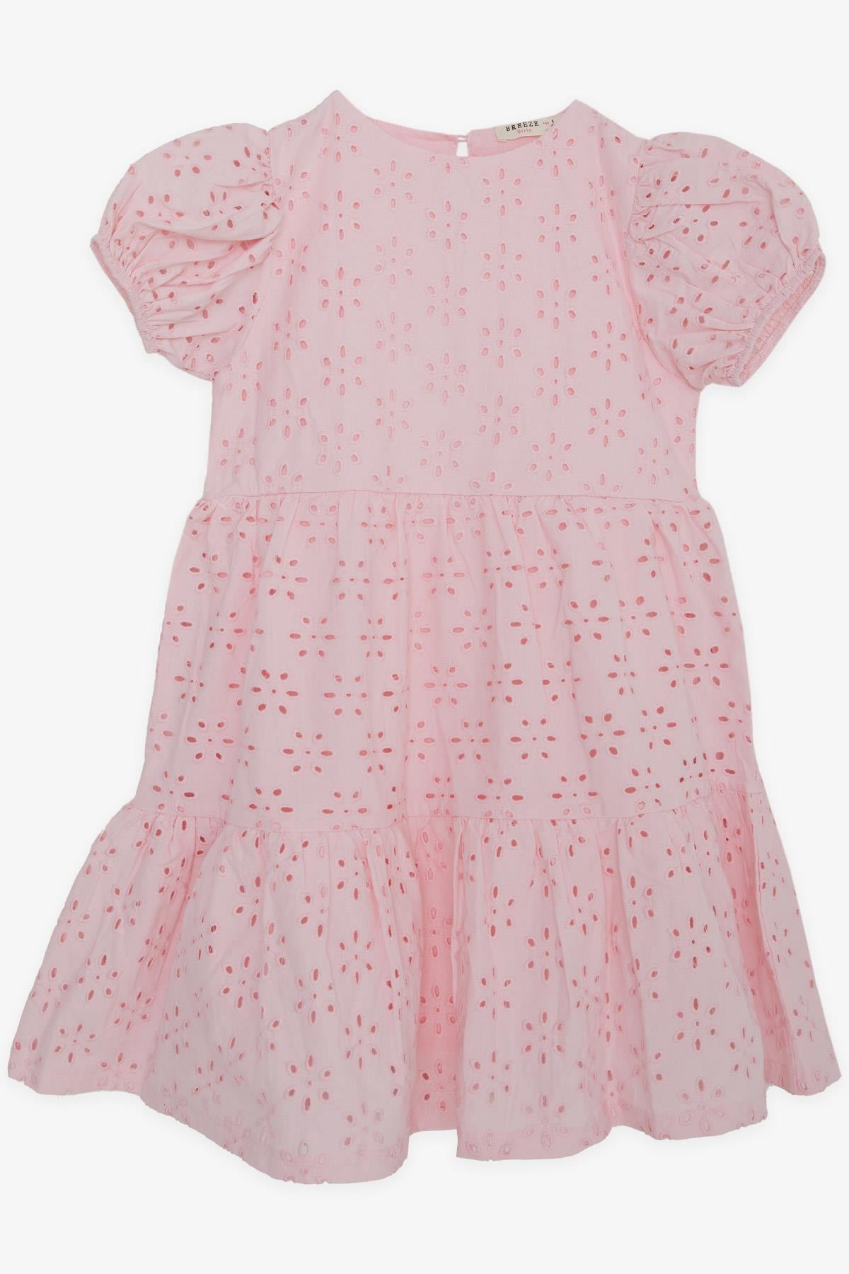 Breeze Kız Çocuk Elbise Güpürlü Nakışlı Kolları Lastikli Pembe (6-12 Yaş)