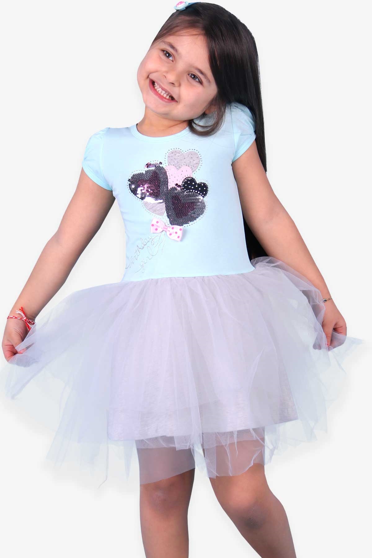 Breeze Kız Çocuk Elbise Kalp Pullu Tütü Turkuaz (5-10 Yaş)