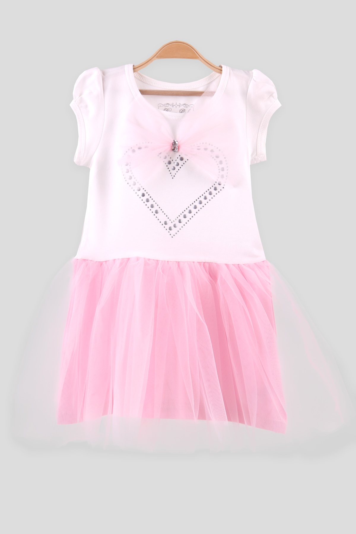 Breeze Kız Çocuk Elbise Kalp Taşlı Tül Fiyonklu Pembe (5-10 Yaş)