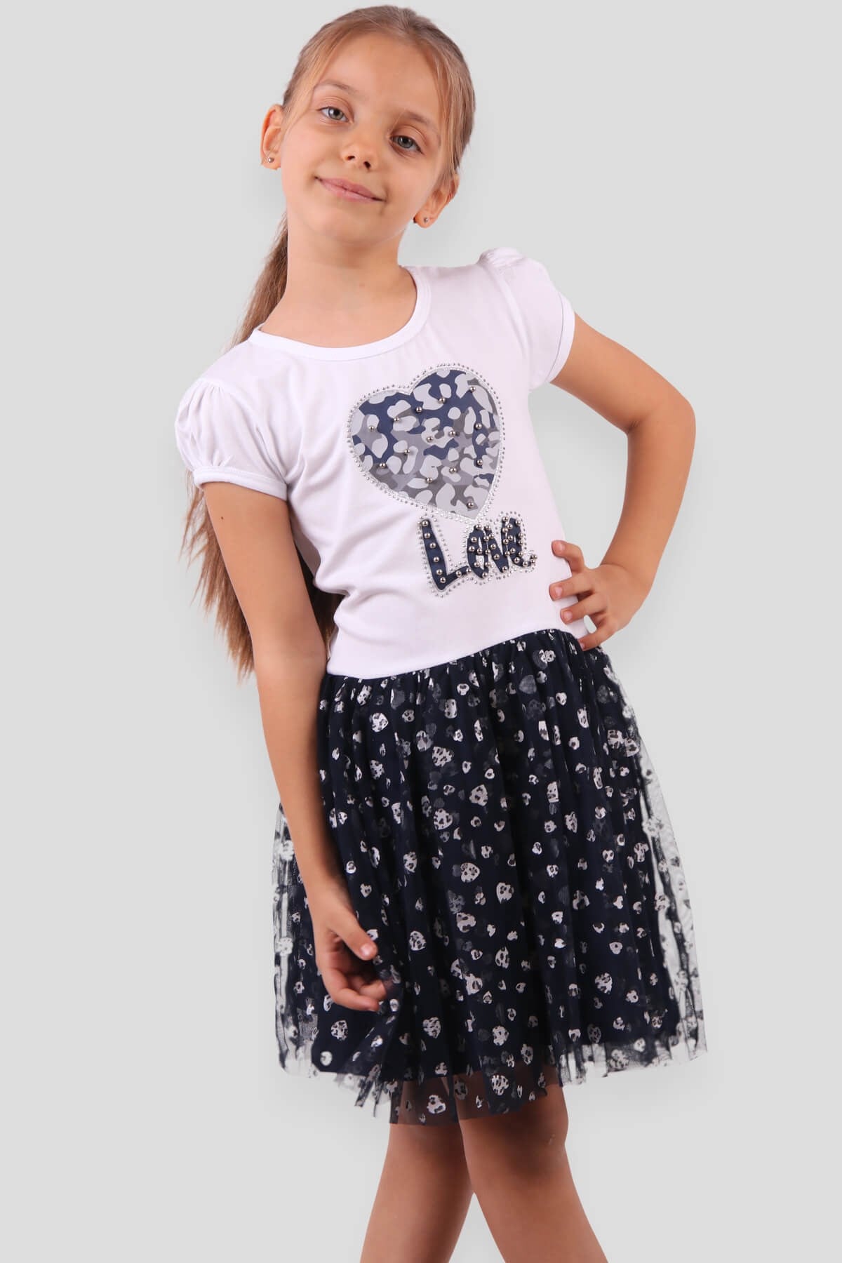Breeze Kız Çocuk Elbise Kalpli Leoparlı Ekru-Lacivert (6-12 Yaş)