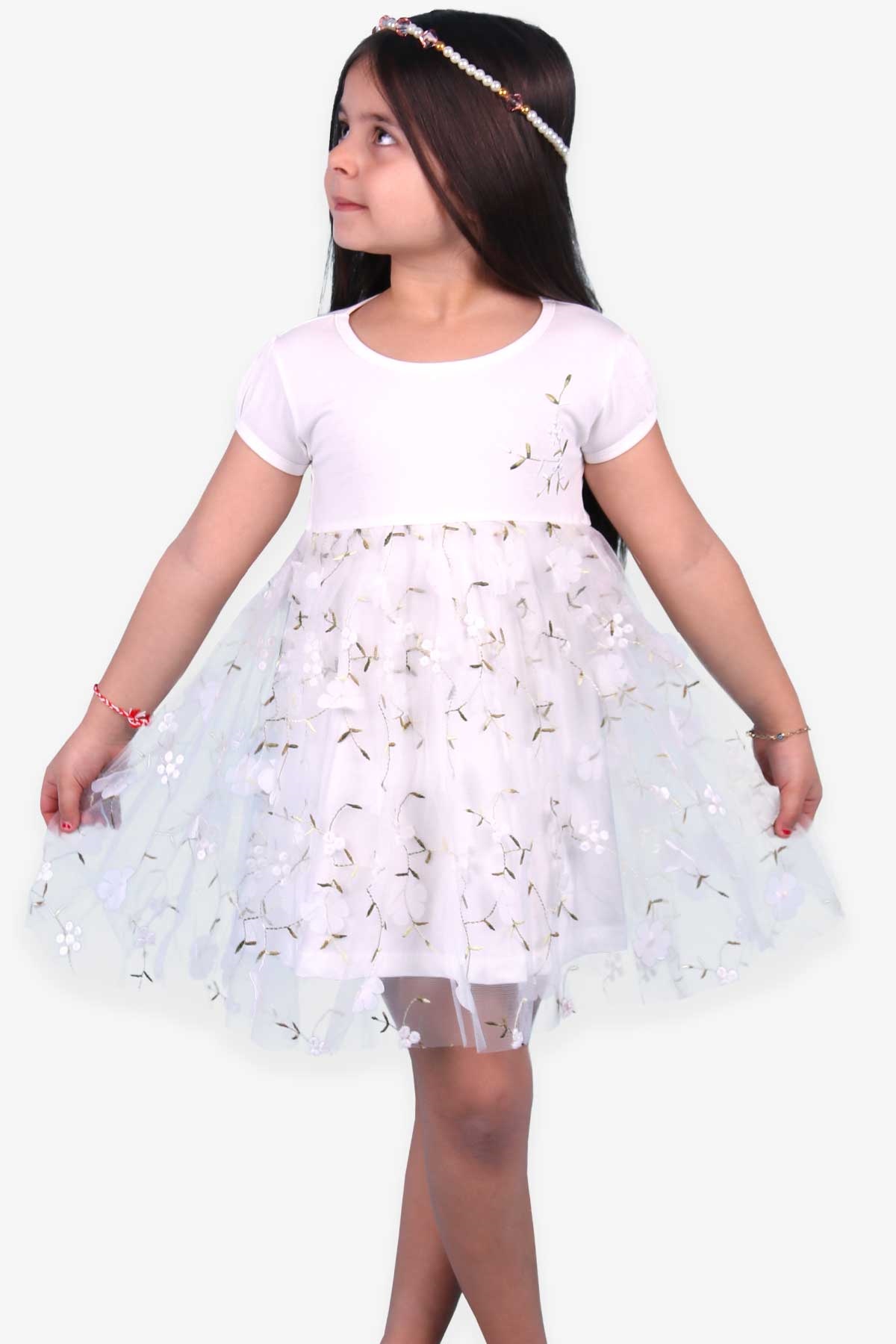 Kız Çocuk Elbise Nakışlı Çiçekli Ekru 4-5 Yaş - Breeze