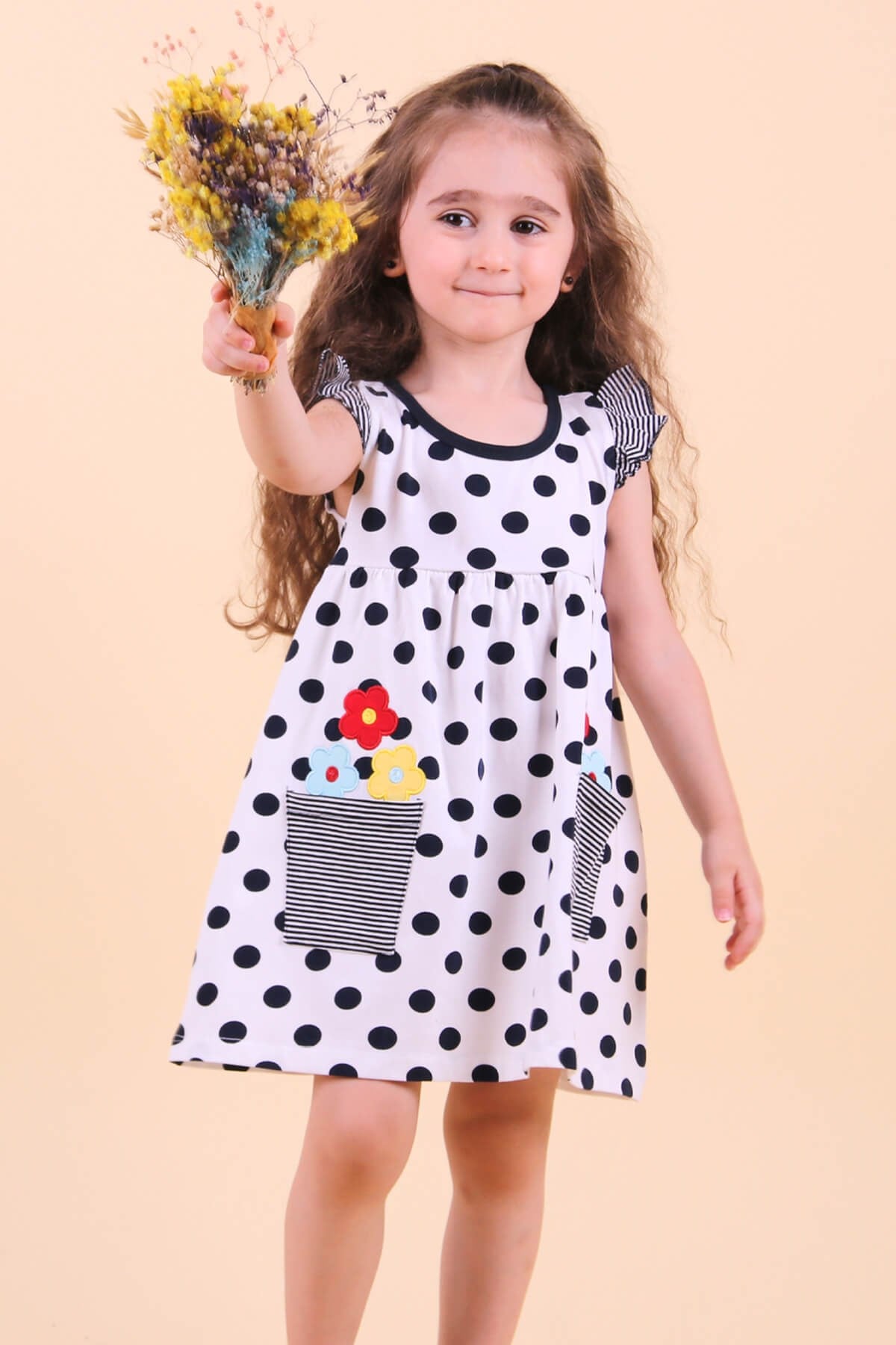 Breeze Kız Çocuk Elbise Puantiyeli Cepleri Çiçekli Ekru (1.5-5 Yaş)