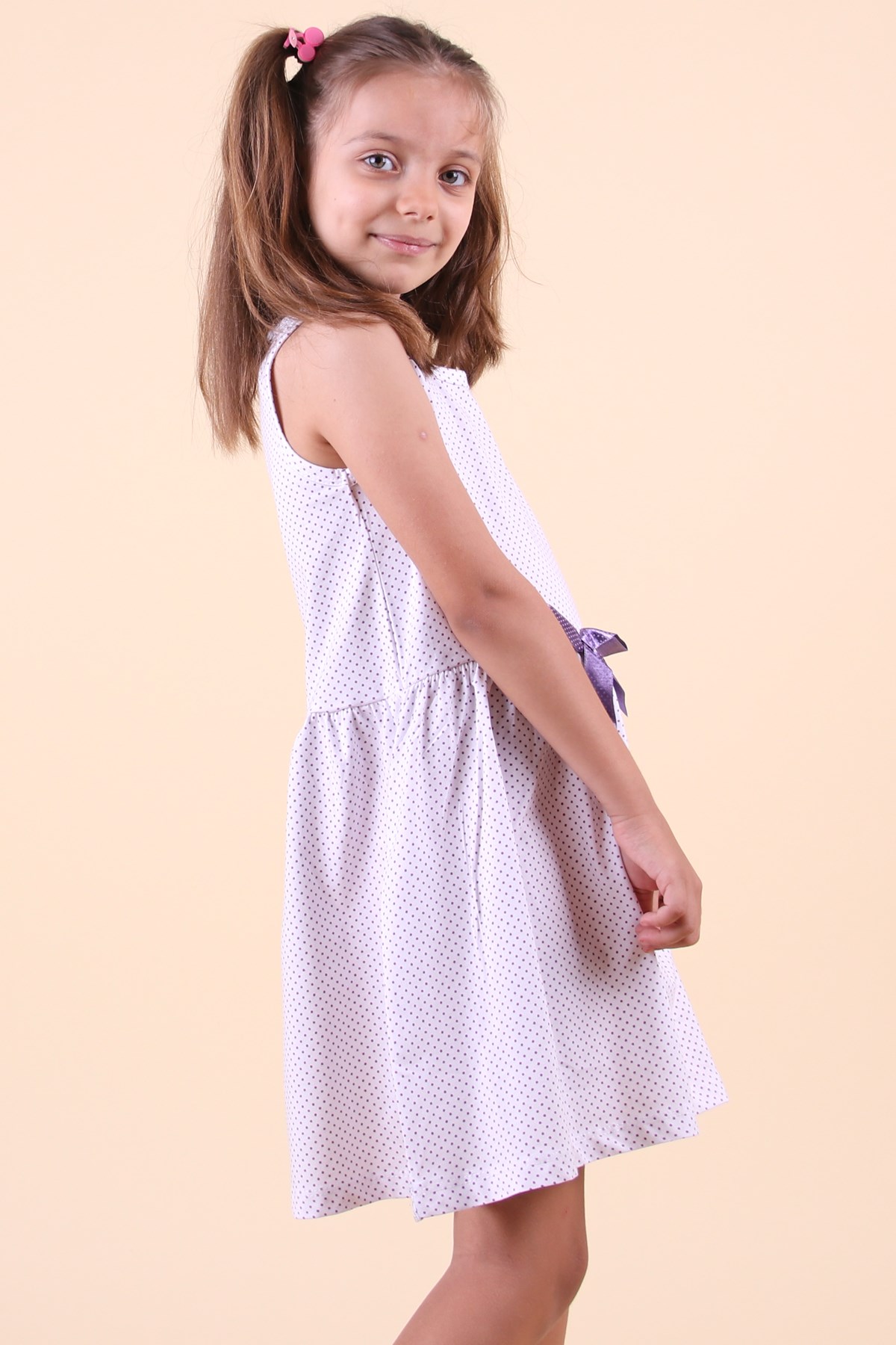 Breeze Kız Çocuk Elbise Puantiyeli Fiyonklu Mor (6-10 Yaş)