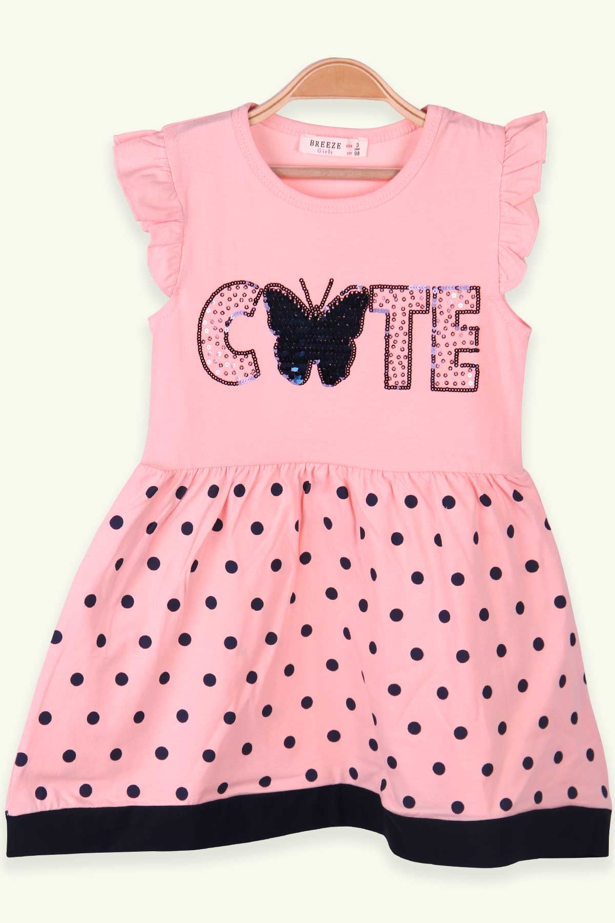 Breeze Kız Çocuk Elbise Puantiyeli Pullu Somon (3 Yaş-8 Yaş)