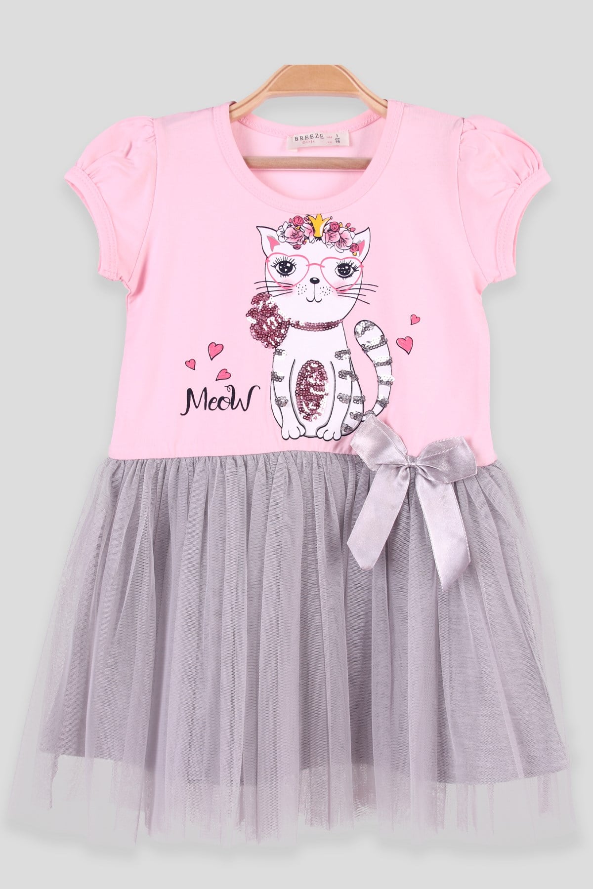 Breeze Kız Çocuk Elbise Pullu Kedi Pembe (3-8 Yaş)