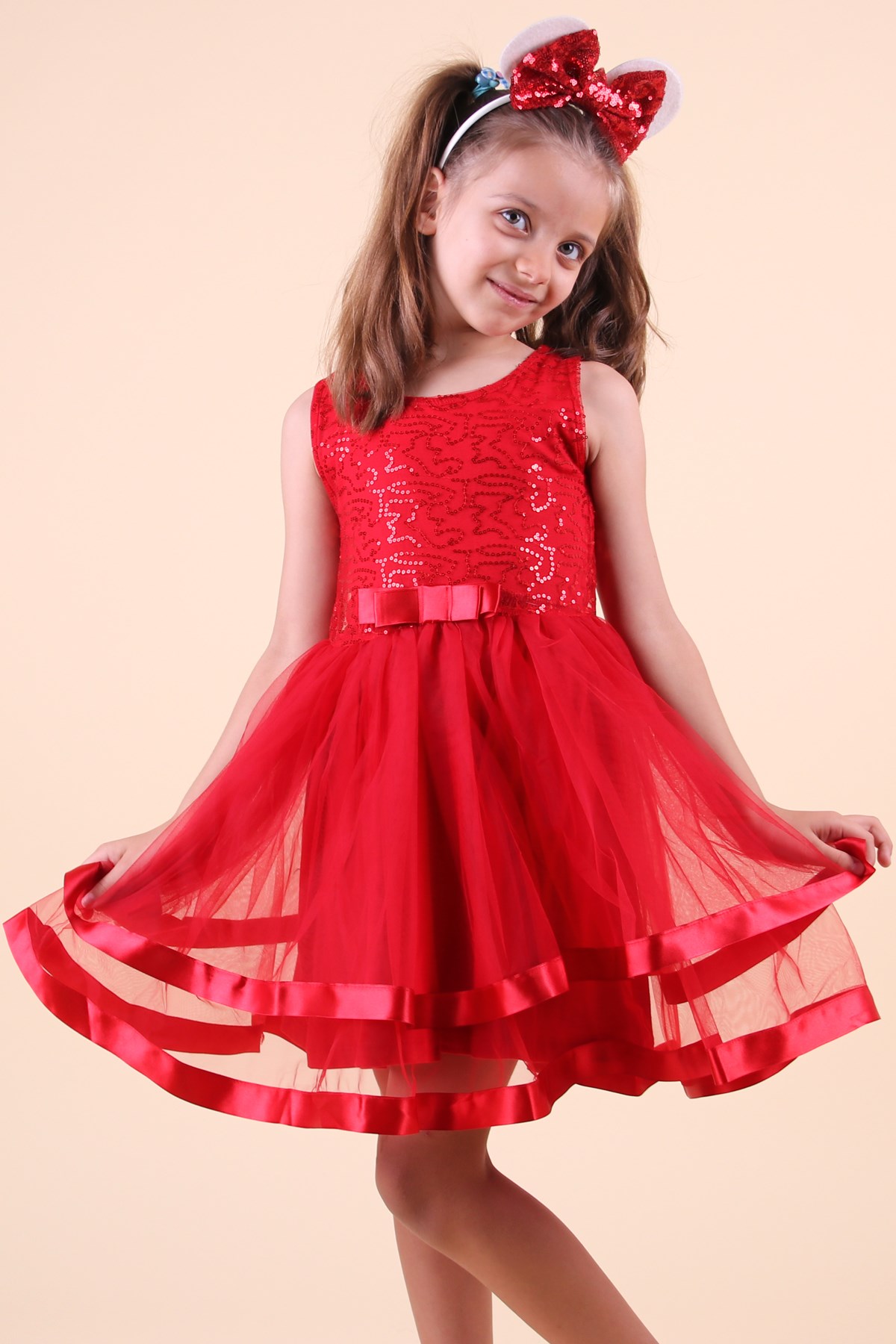 Pullu Saten Fiyonklu Kırmızı - Kız Çocuk Elbisesi 5-10 Yaş