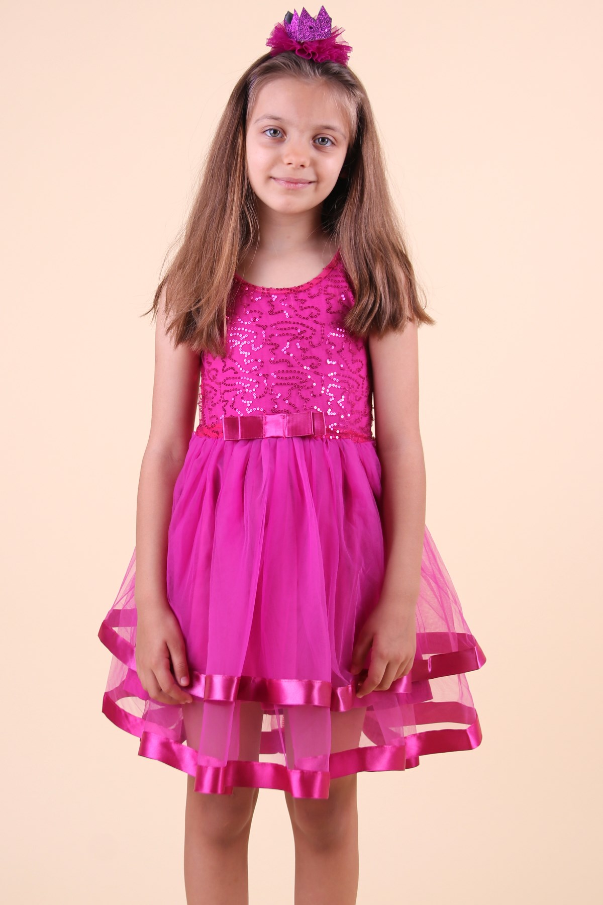 Breeze Kız Çocuk Elbise Pullu Saten Fiyonklu Mor (5-10 Yaş)