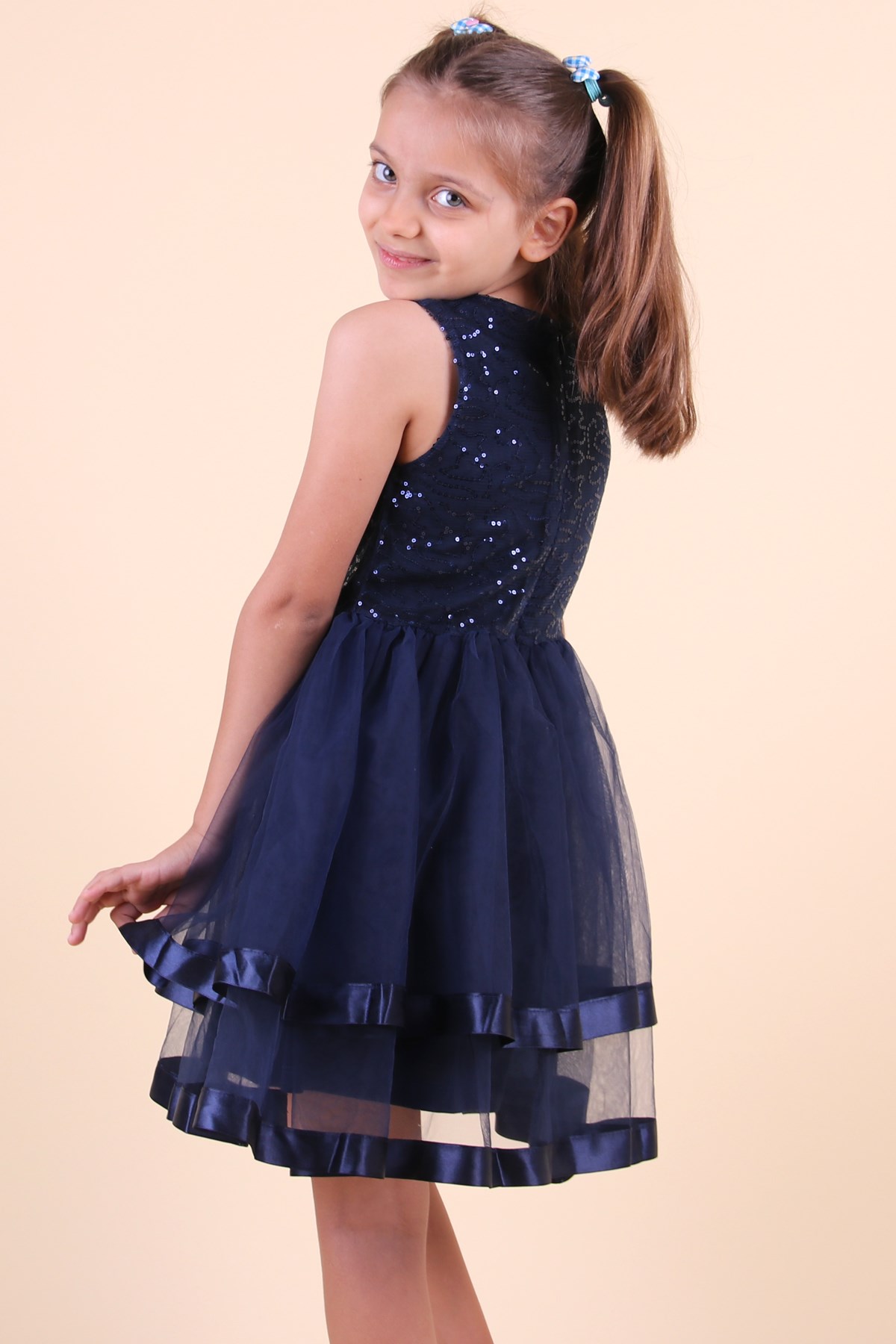 Pullu Saten Fiyonklu Lacivert - Kız Çocuk Elbisesi 5-10 Yaş