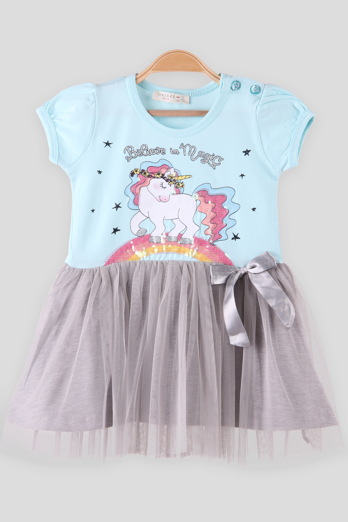Breeze Kız Çocuk Elbise Pullu Unicornlu Turkuaz (1.5-5 Yaş)