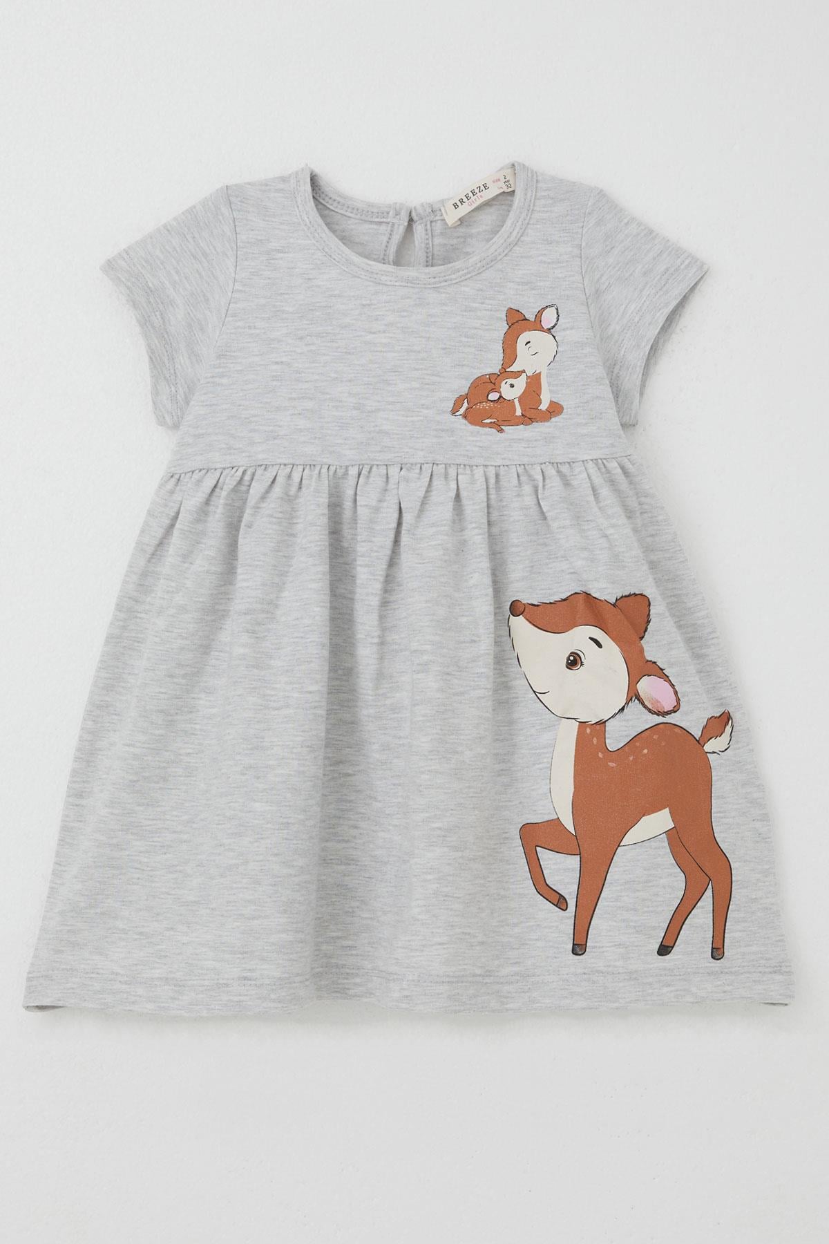 Breeze Kız Çocuk Elbise Sevimli Ceylan Baskılı Gri Melanj (1.5-5 Yaş)