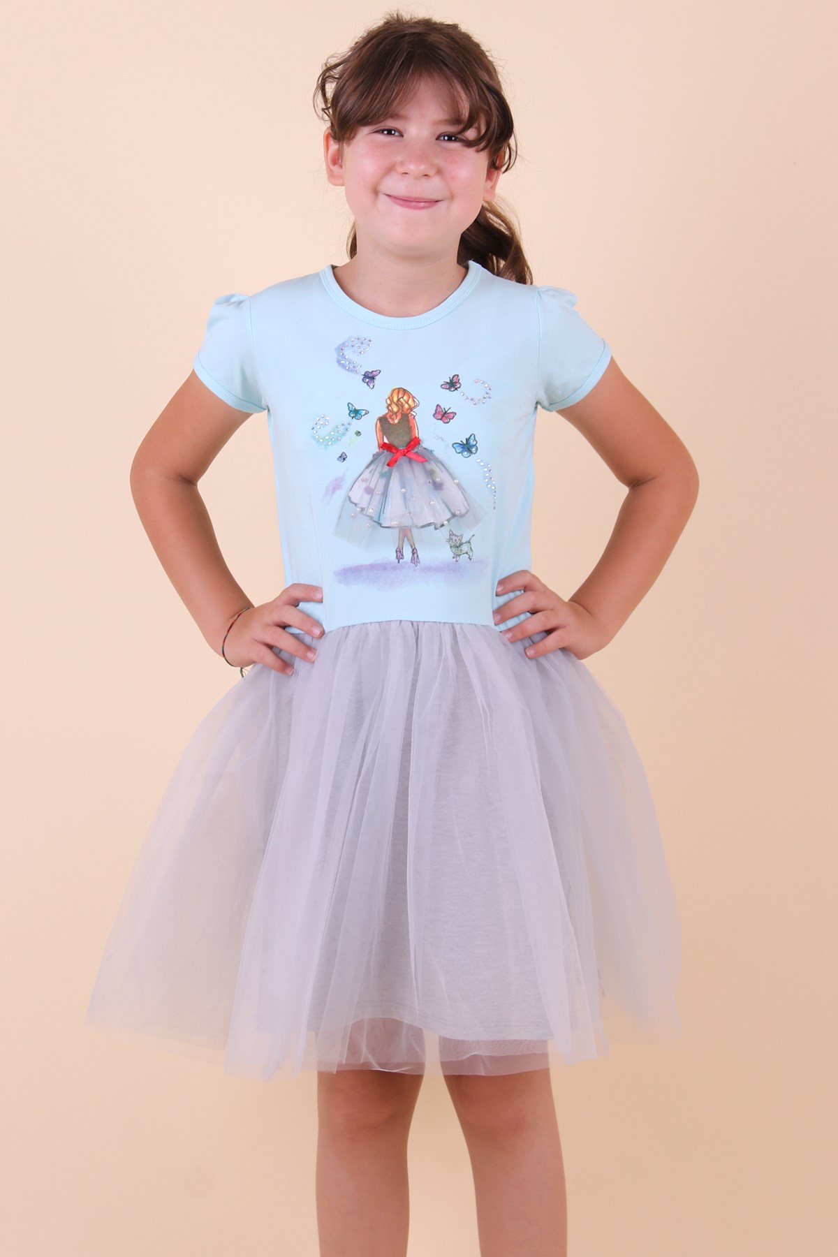 Breeze Kız Çocuk Elbise Taşlı Pelerinli Kız Turkuaz (6-12 Yaş)