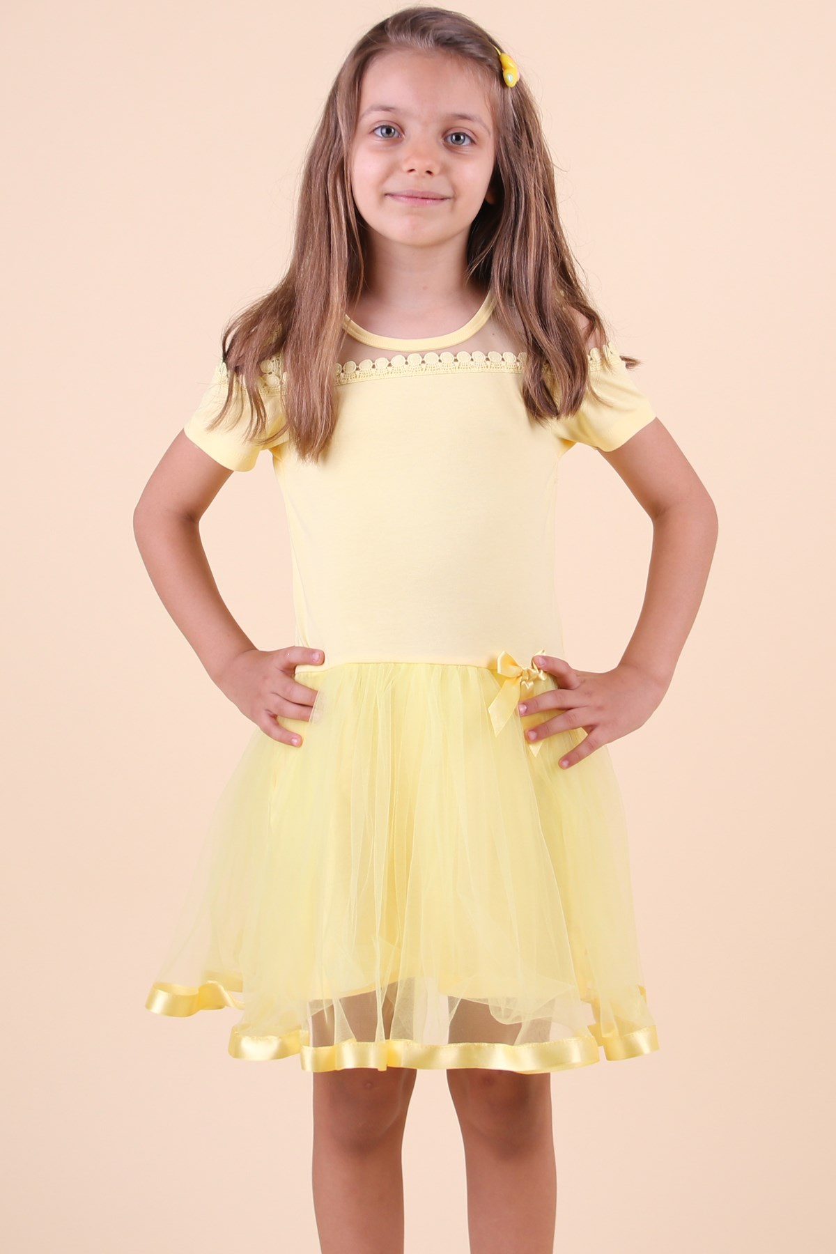 Breeze Kız Çocuk Elbise Tüllü Fiyonklu Saten Kurdelalı Sarı (5-10 Yaş)