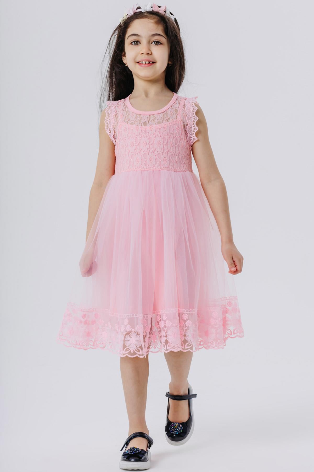 Breeze Kız Çocuk Elbise Tüllü Güpürlü Pembe (8 Yaş)