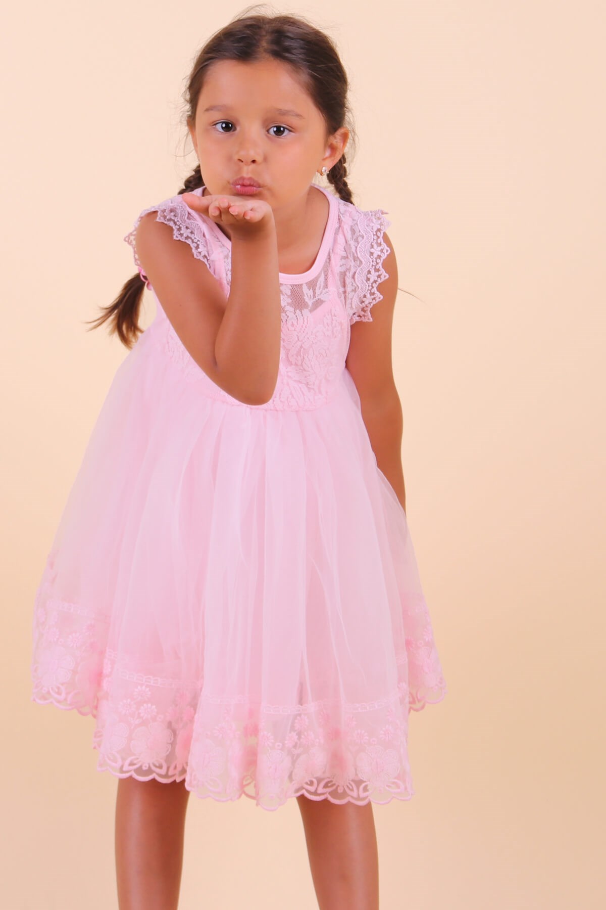 Tüllü Güpürlü Pembe - Kız Çocuk Elbisesi 4-9 Yaş | Breeze