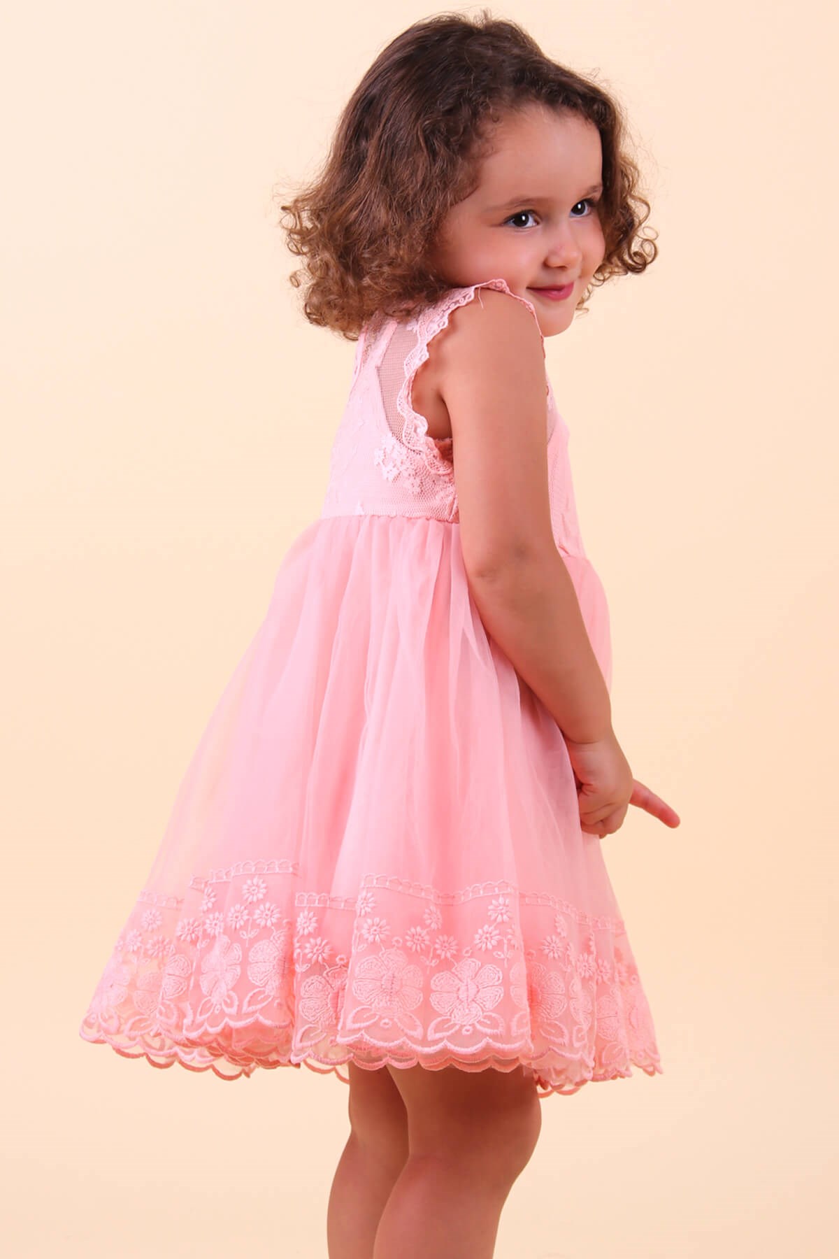 Tüllü Güpürlü Somon - Kız Çocuk Elbisesi 4-9 Yaş | Breeze
