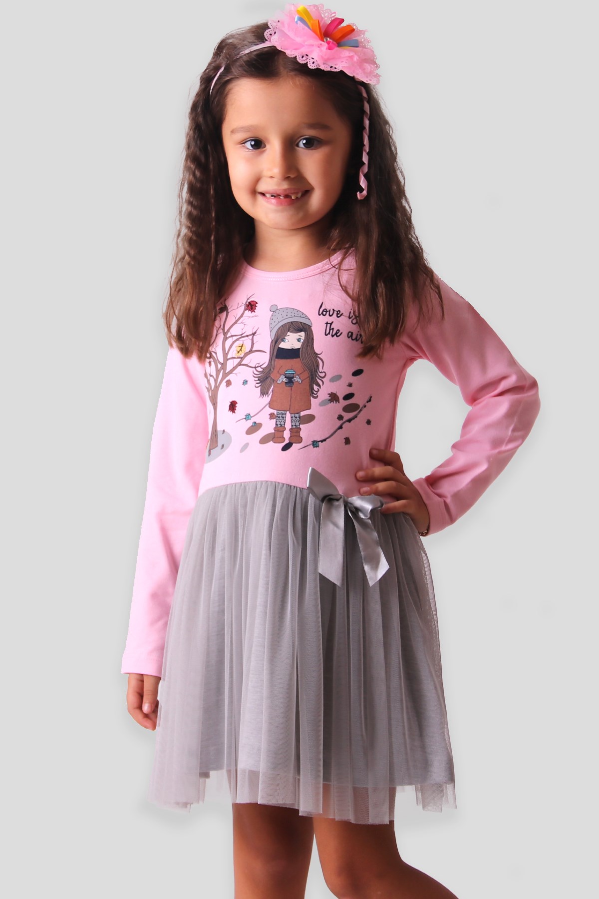 Breeze Kız Çocuk Elbise Tüllü Pembe-Gri (3 Yaş)