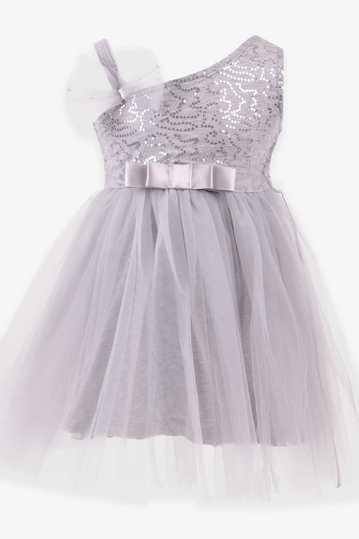 Breeze Kız Çocuk Elbise Tüllü Pullu Fiyonklu Gri (4-9 Yaş)