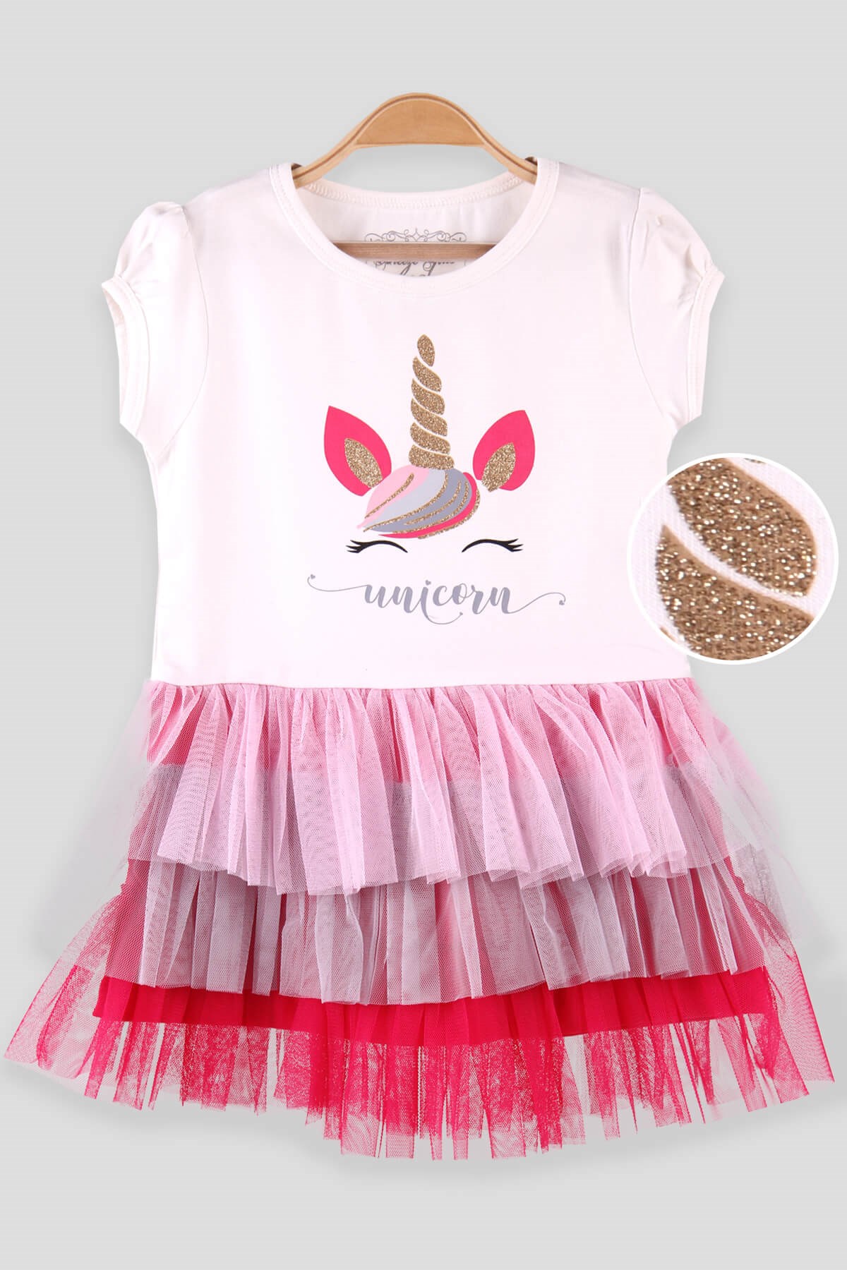 Breeze Kız Çocuk Elbise Tüllü Simli Unicornlu Ekru (3-8 Yaş)