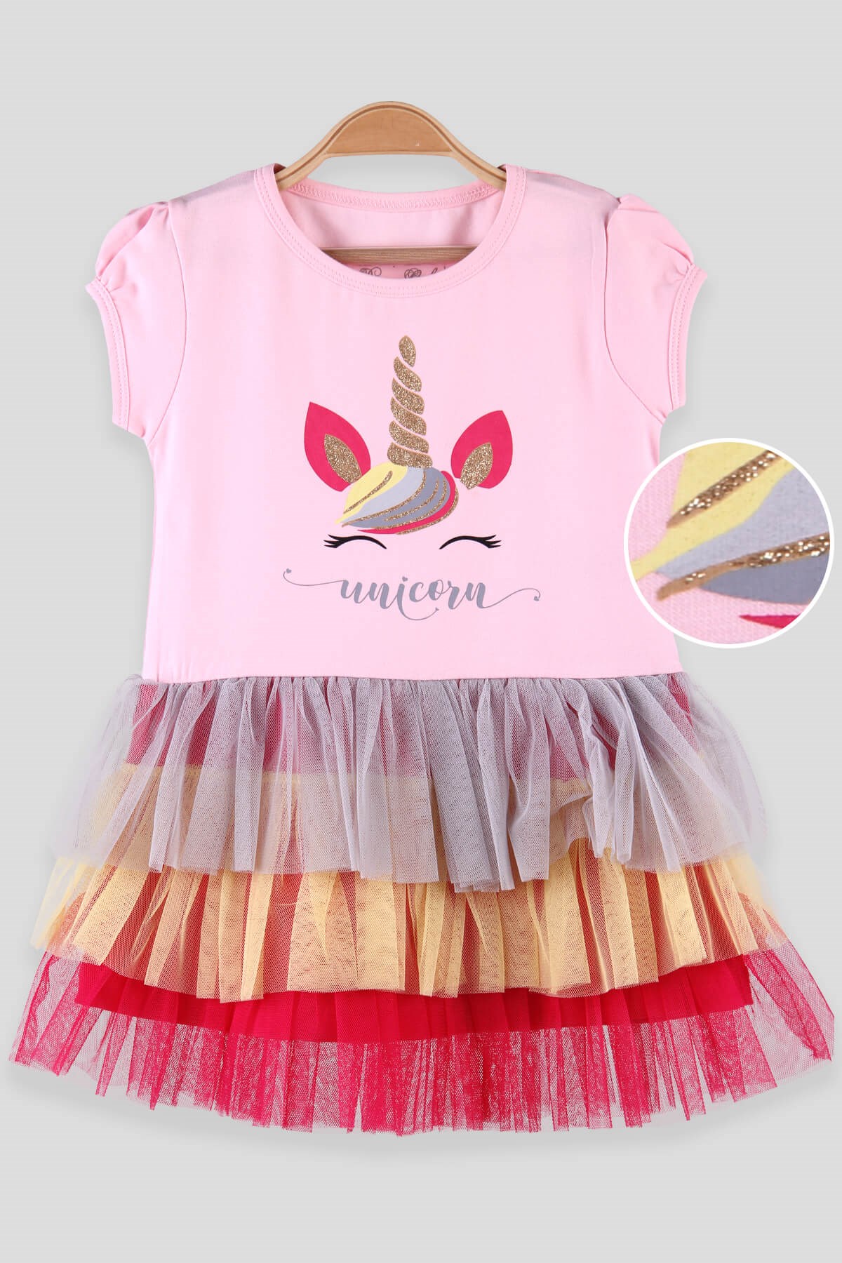 Breeze Kız Çocuk Elbise Tüllü Simli Unicornlu Pembe (3-8 Yaş)