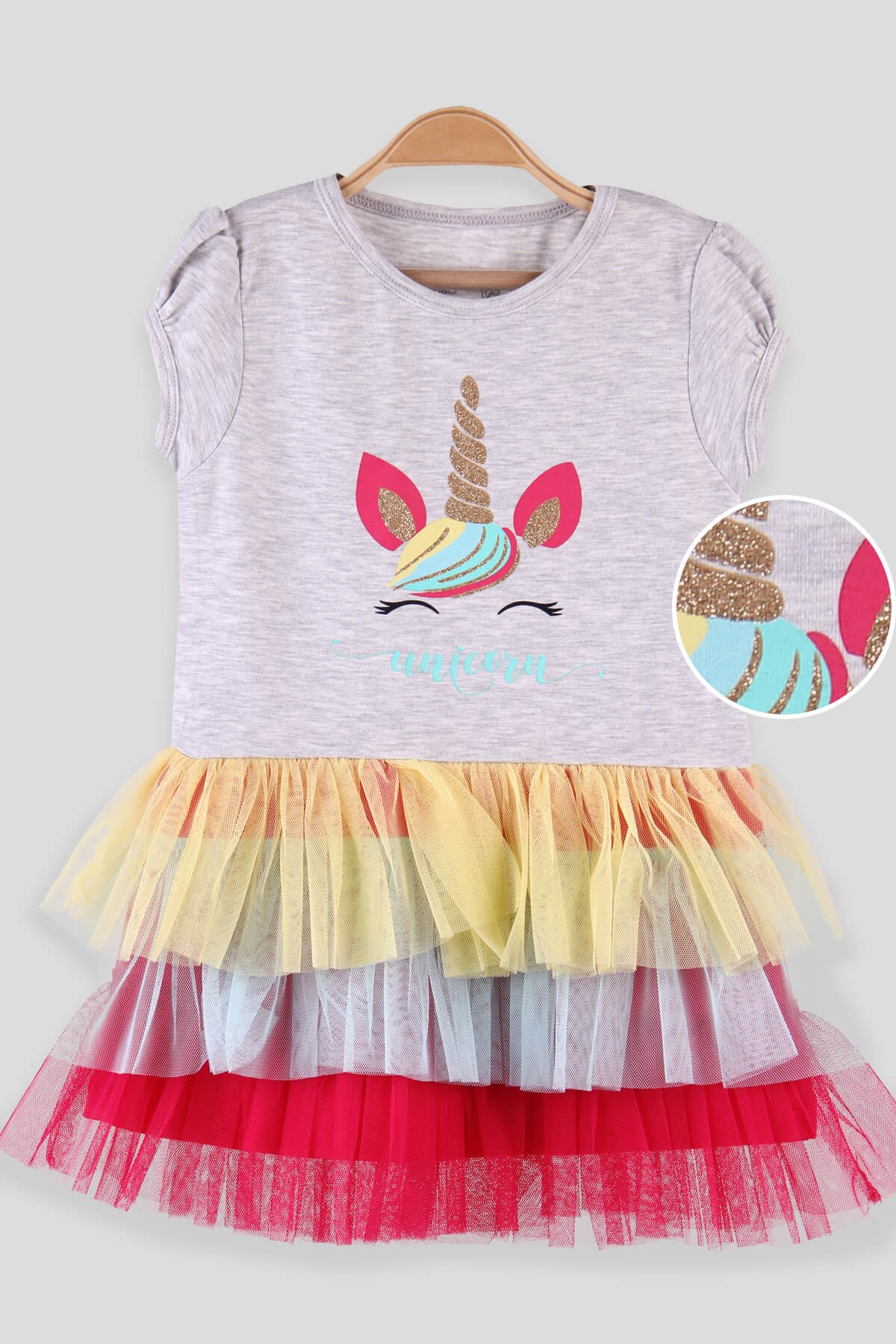 Breeze Kız Çocuk Elbise Tüllü Simli Unicornlu Gri (3-8 Yaş)