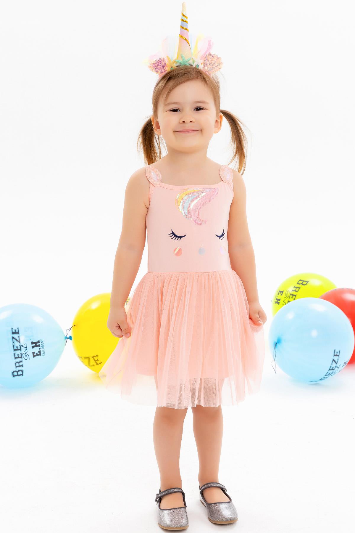Breeze Kız Çocuk Elbise Tüllü Unicorn Somon (3 Yaş)