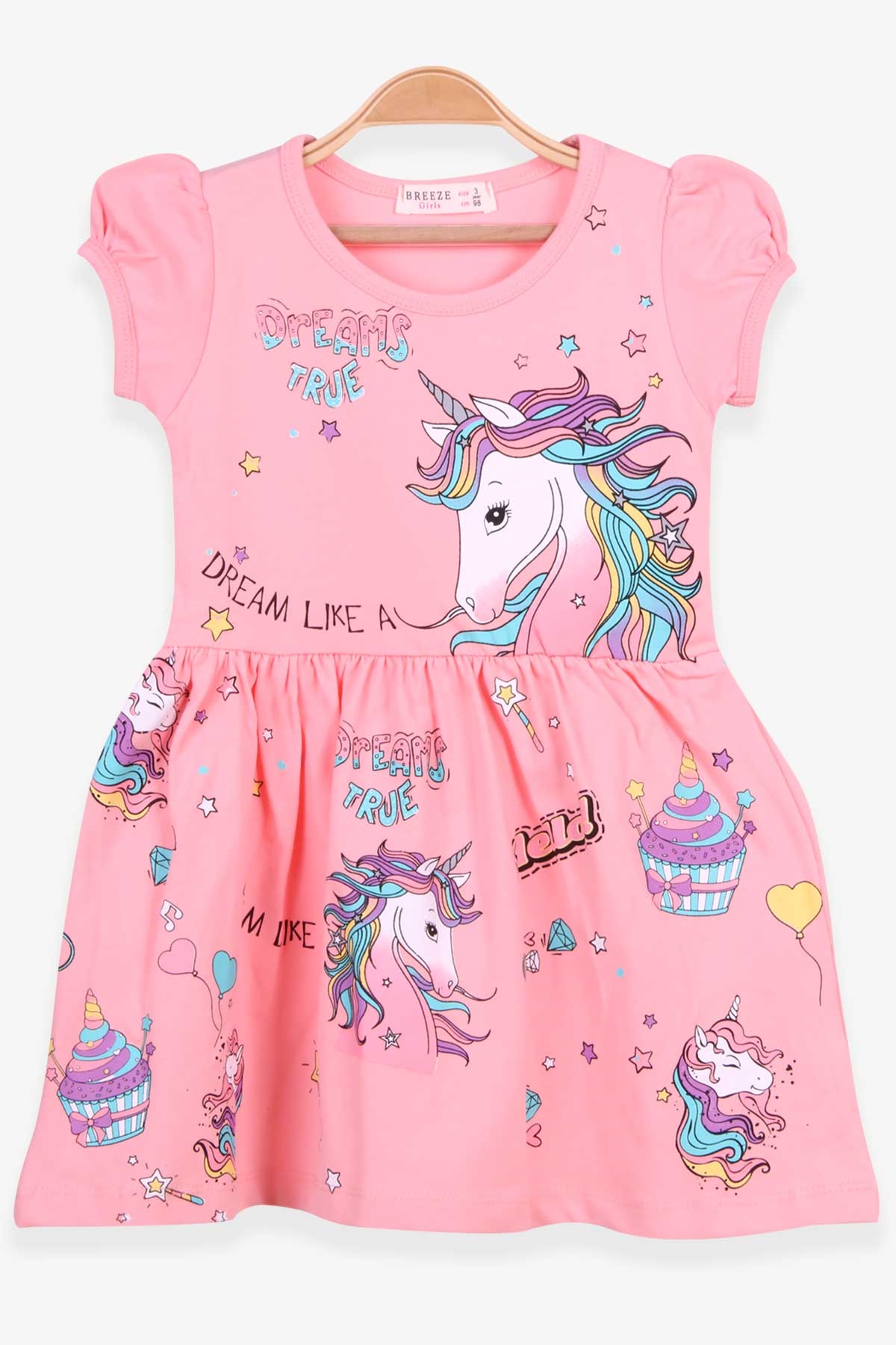 Breeze Kız Çocuk Elbise Unicorn Baskılı Somon (4 Yaş)