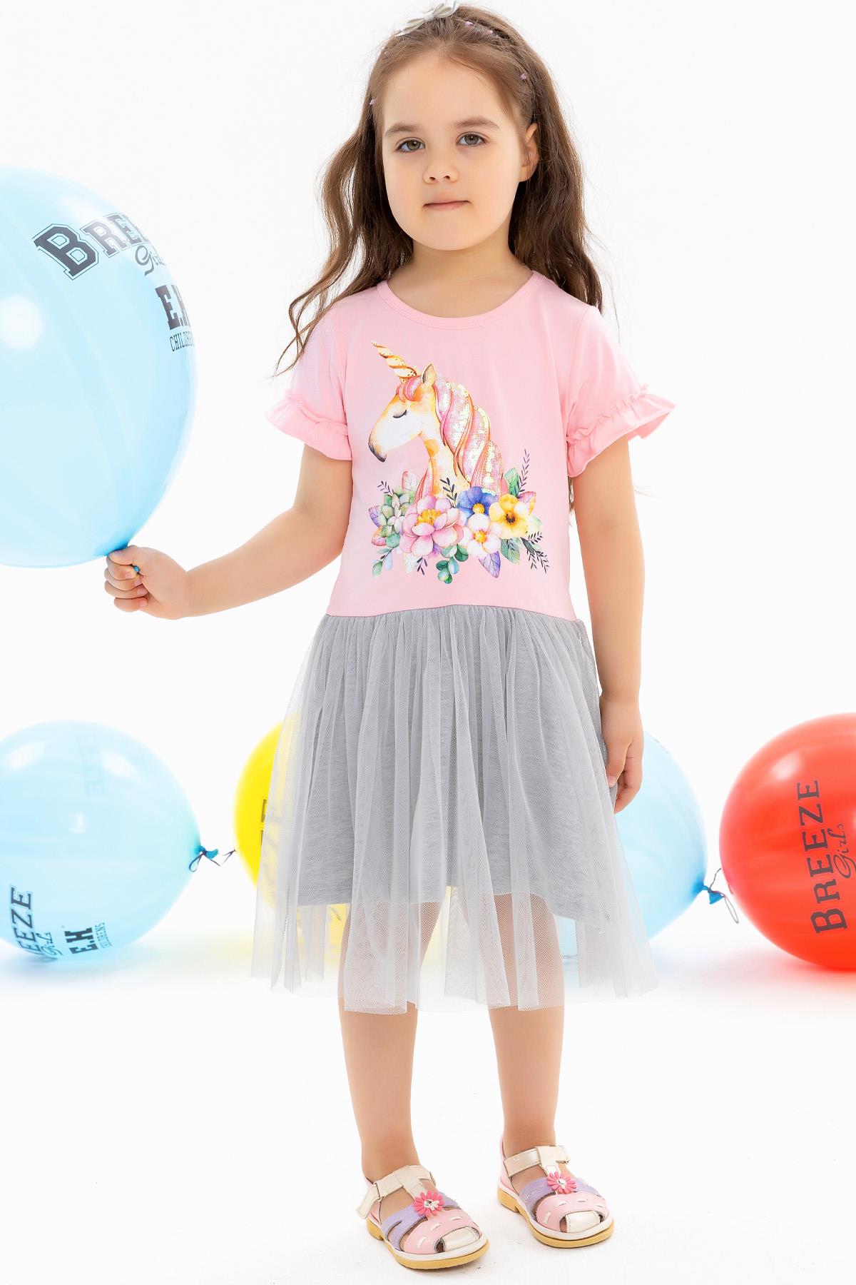 Breeze Kız Çocuk Elbise Unicorn Baskılı Pudra (5 Yaş)
