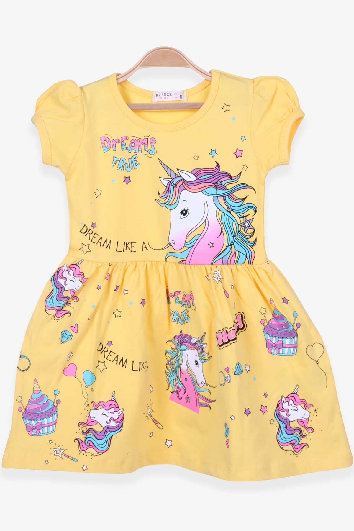 Breeze Kız Çocuk Elbise Unicorn Baskılı Sarı (5 Yaş)