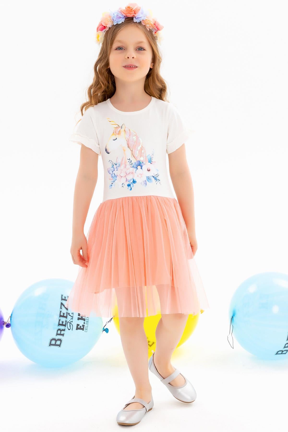 Breeze Kız Çocuk Elbise Unicorn Baskılı Ekru (5 Yaş)