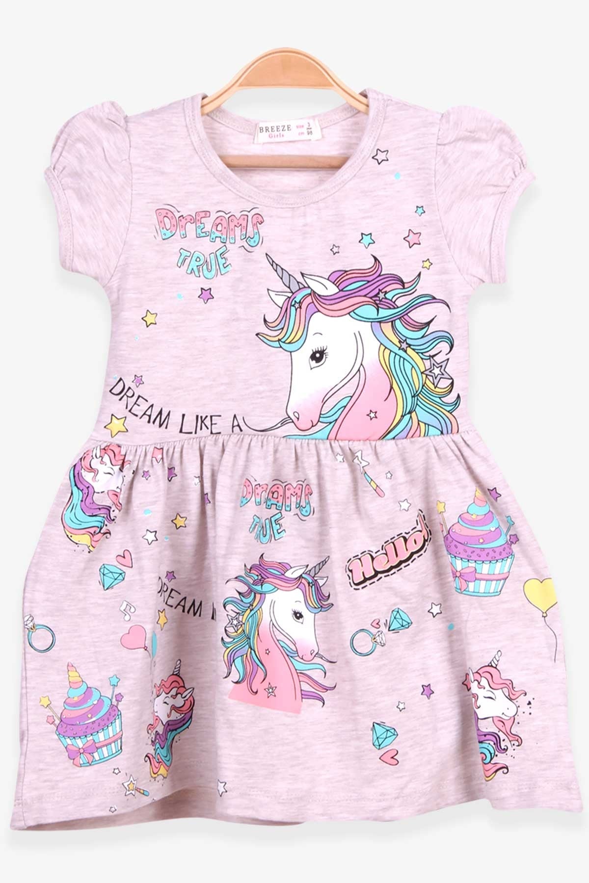Breeze Kız Çocuk Elbise Unicorn Baskılı Bej Melanj (3-8 Yaş)