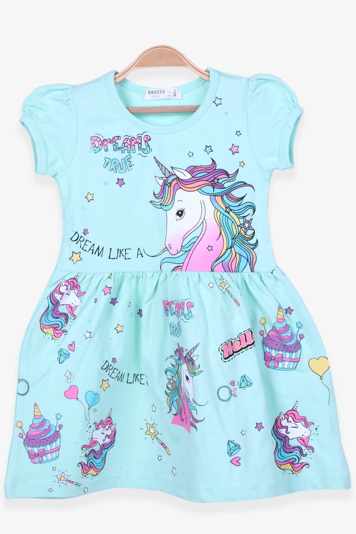 Breeze Kız Çocuk Elbise Unicorn Baskılı Su Yeşili (3-8 Yaş)