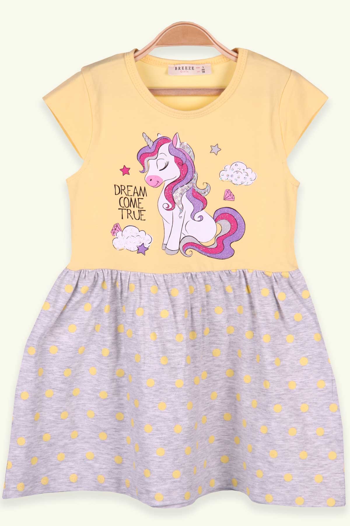 Breeze Kız Çocuk Elbise Unicorn Sarı (3-8 Yaş)