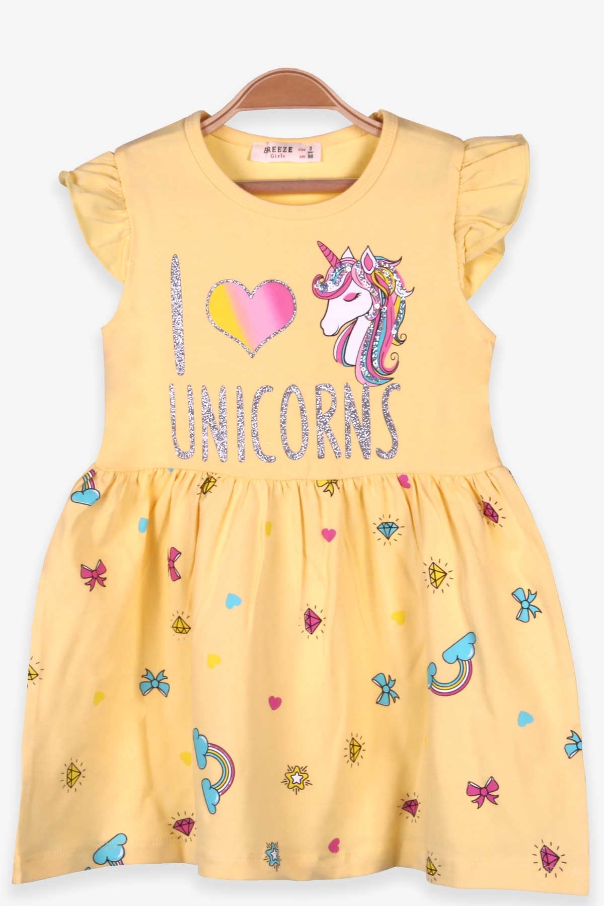 Breeze Kız Çocuk Elbise Unicorn Sarı (3-8 Yaş)