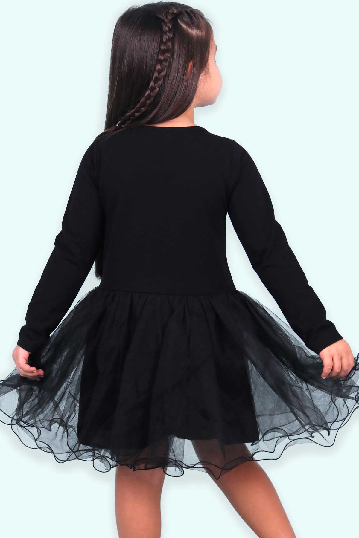Yakası Tül Detaylı Siyah 5-10 Yaş - Kız Çocuk Elbisesi