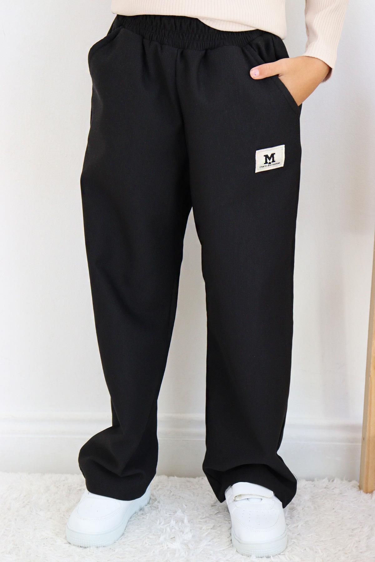 Breeze Kız Çocuk Eşofman Altı Beli Lastikli Cepli Armalı Siyah (6-11 Yaş)