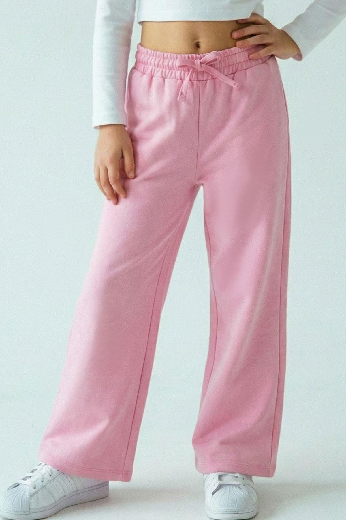 Breeze Kız Çocuk Eşofman Altı Fiyonk Aksesuarlı Beli Lastikli Geniş Paça Pembe (4-8 Yaş)