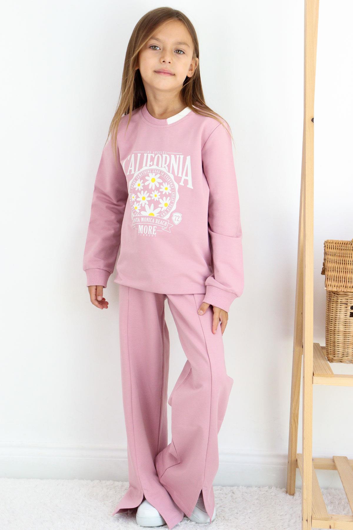 Breeze Kız Çocuk Eşofman Takım Çiçek Baskılı Geniş Paça Yırtmaçlı Gülkurusu (5-10 Yaş)