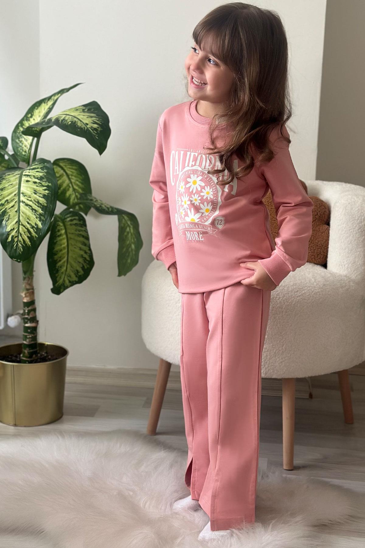 Breeze Kız Çocuk Eşofman Takım Çiçek Baskılı Geniş Paça Yırtmaçlı Gülkurusu (5-10 Yaş)