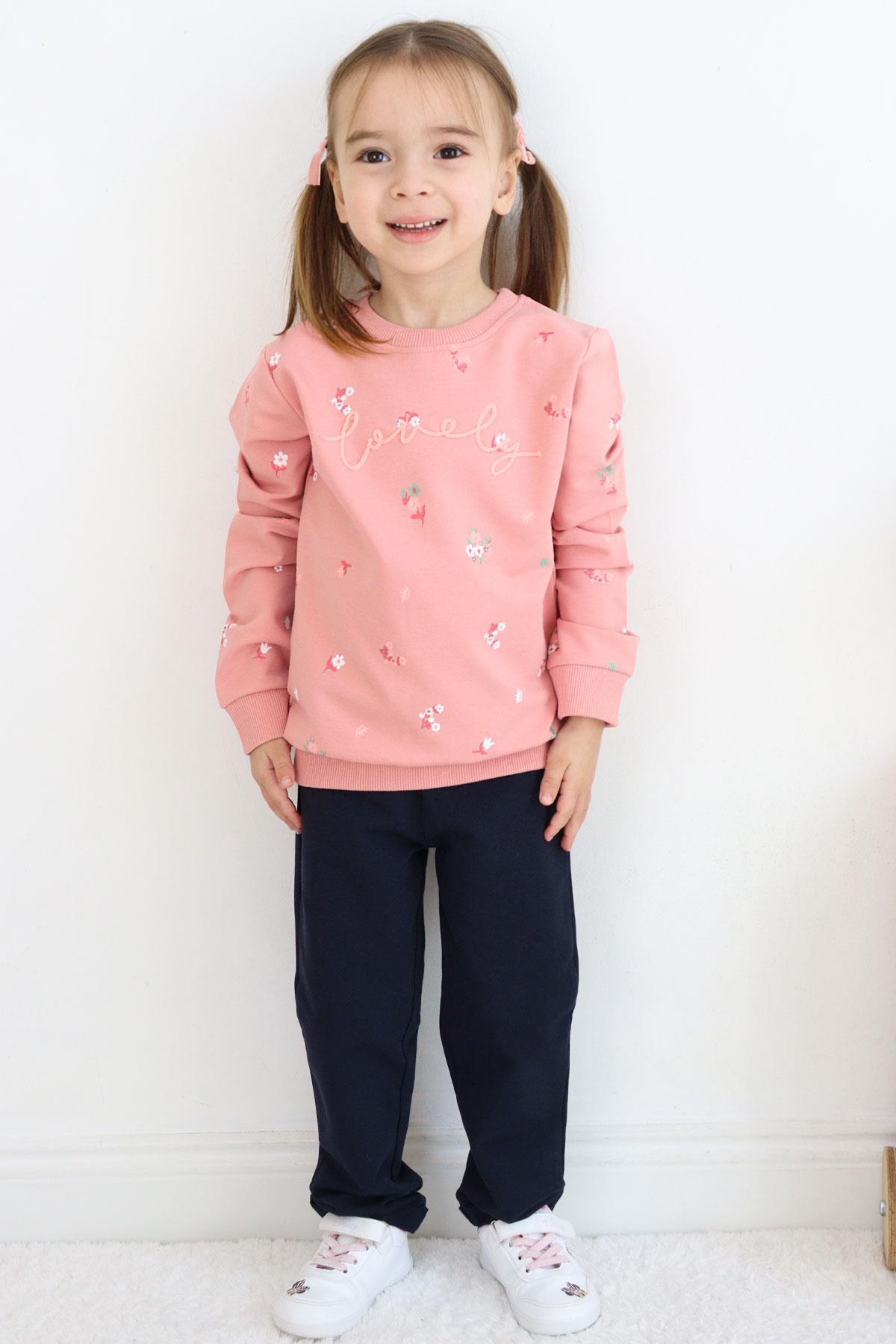 Breeze Kız Çocuk Eşofman Takım Çiçek Desenli Yazı Baskılı Gülkurusu (1-4 Yaş)