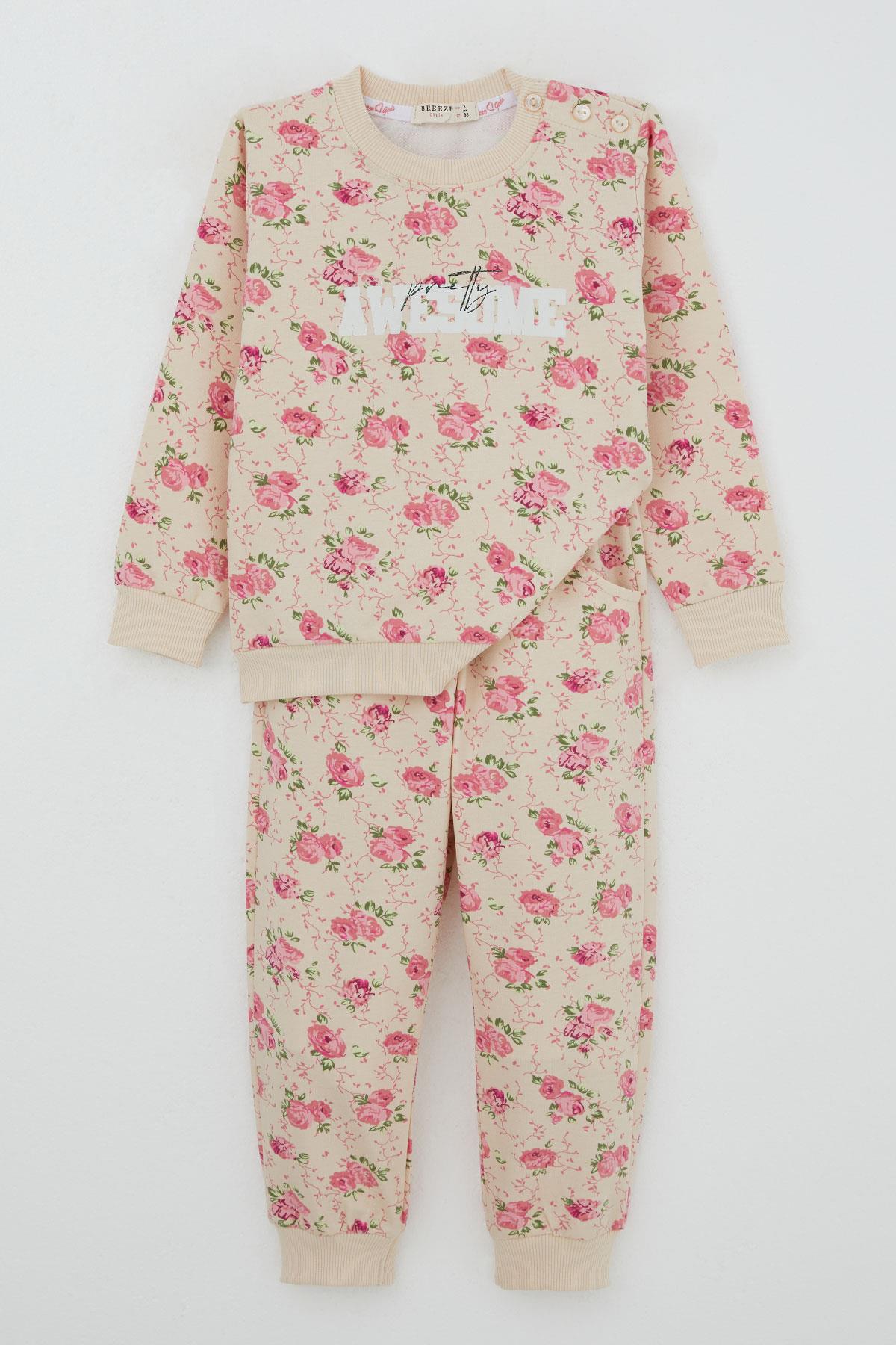 Breeze Kız Çocuk Eşofman Takım Çiçek Desenli Bej (1.5-5 Yaş)