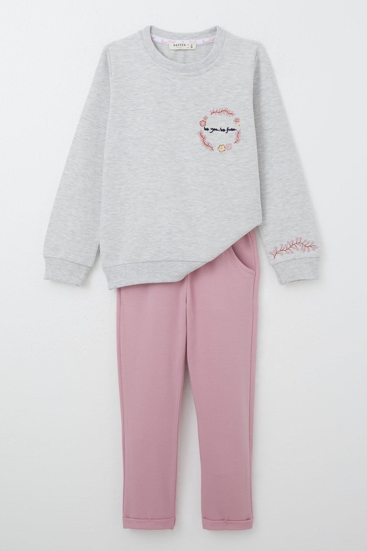 Breeze Kız Çocuk Eşofman Takım Çiçek Nakışlı Açık Gri Melanj (1.5-5 Yaş)