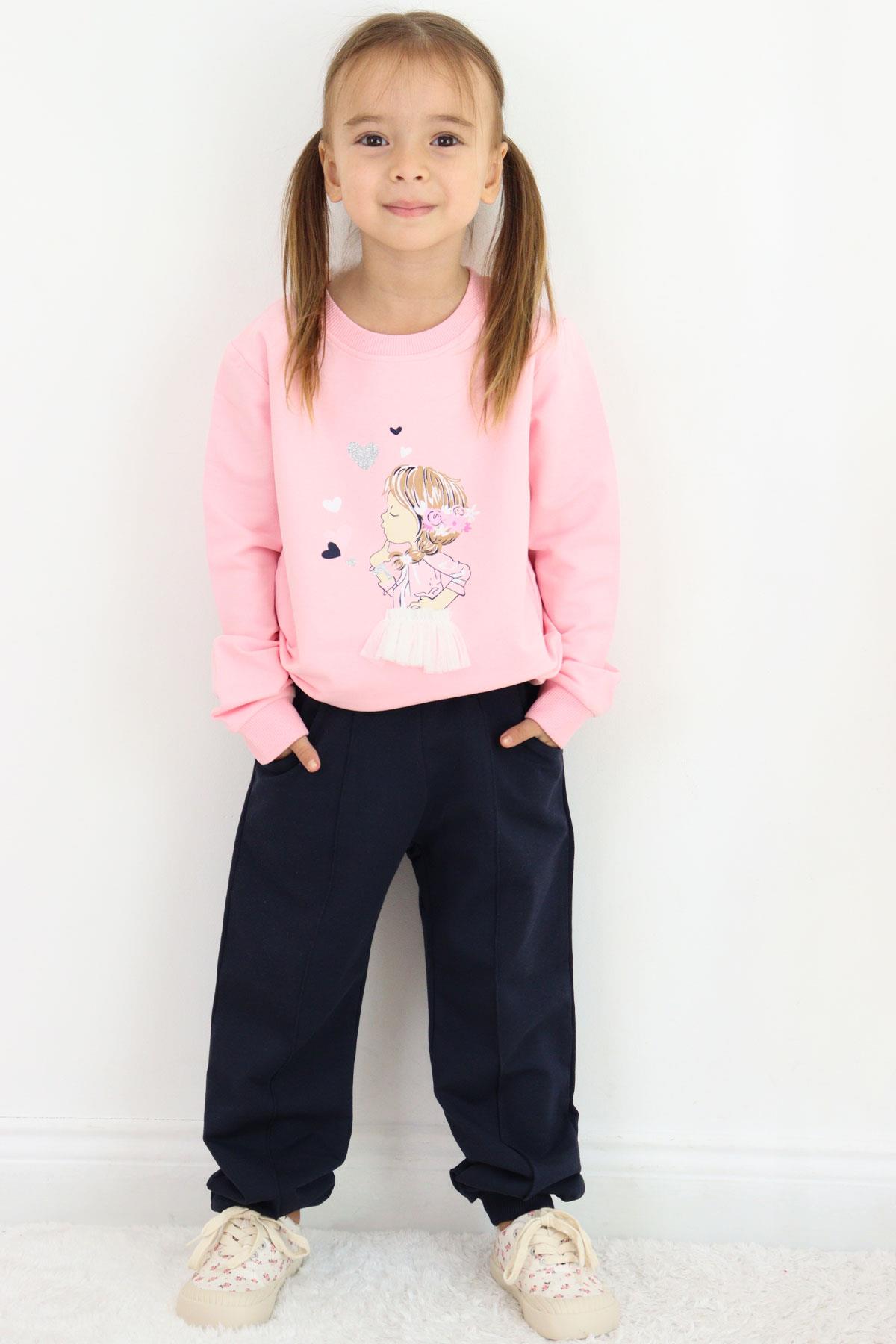 Breeze Kız Çocuk Eşofman Takım Düşünceli Kız Baskılı Pembe (2-4 Yaş)