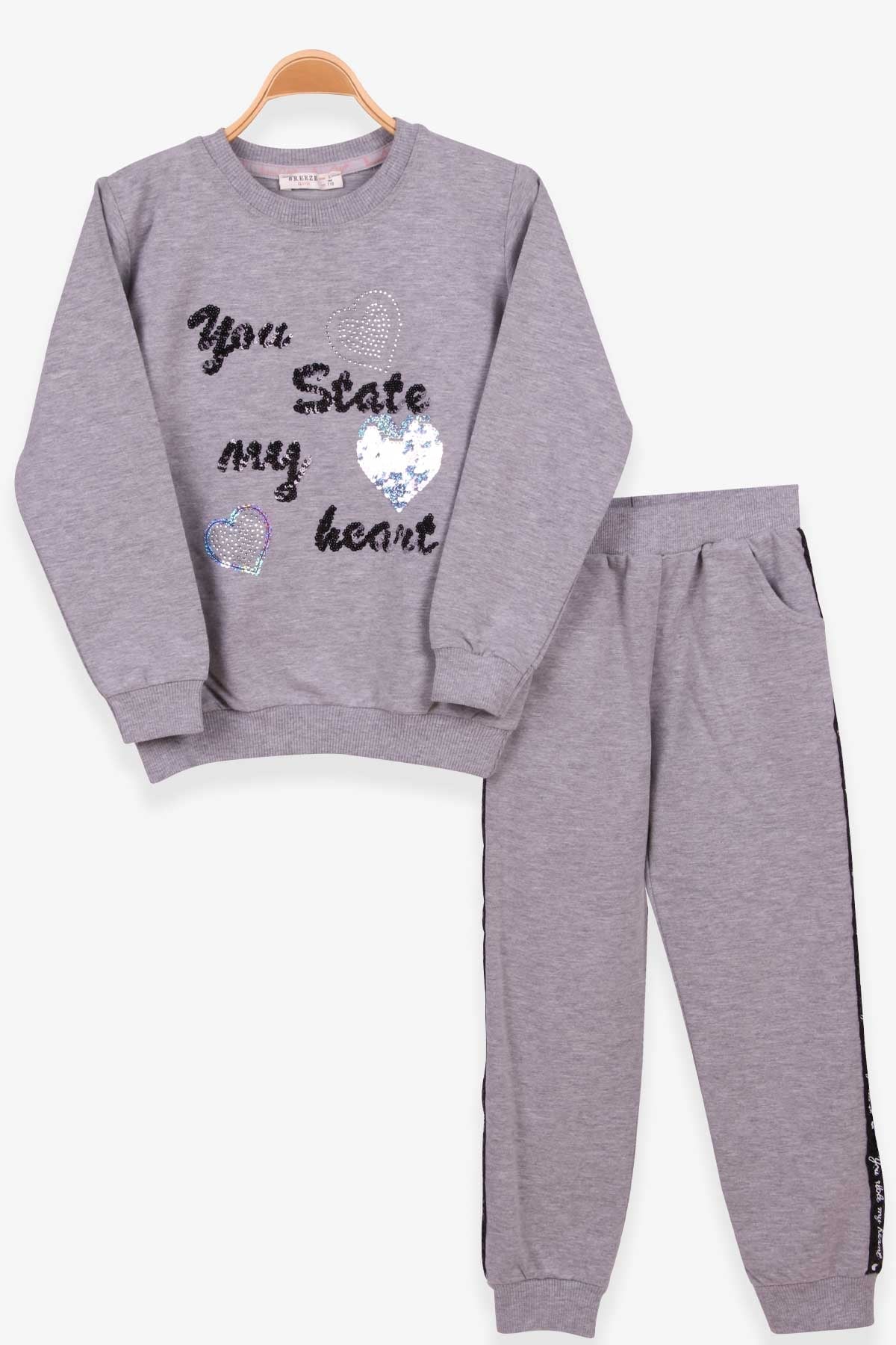 Breeze Kız Çocuk Eşofman Takım Pullu Nakışlı Gri Melanj (5-10 Yaş)